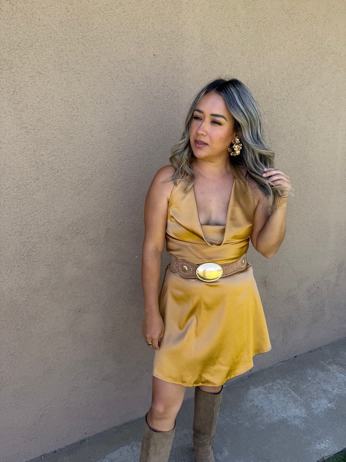 Felicity Stretchy Belt- Tan/Gold