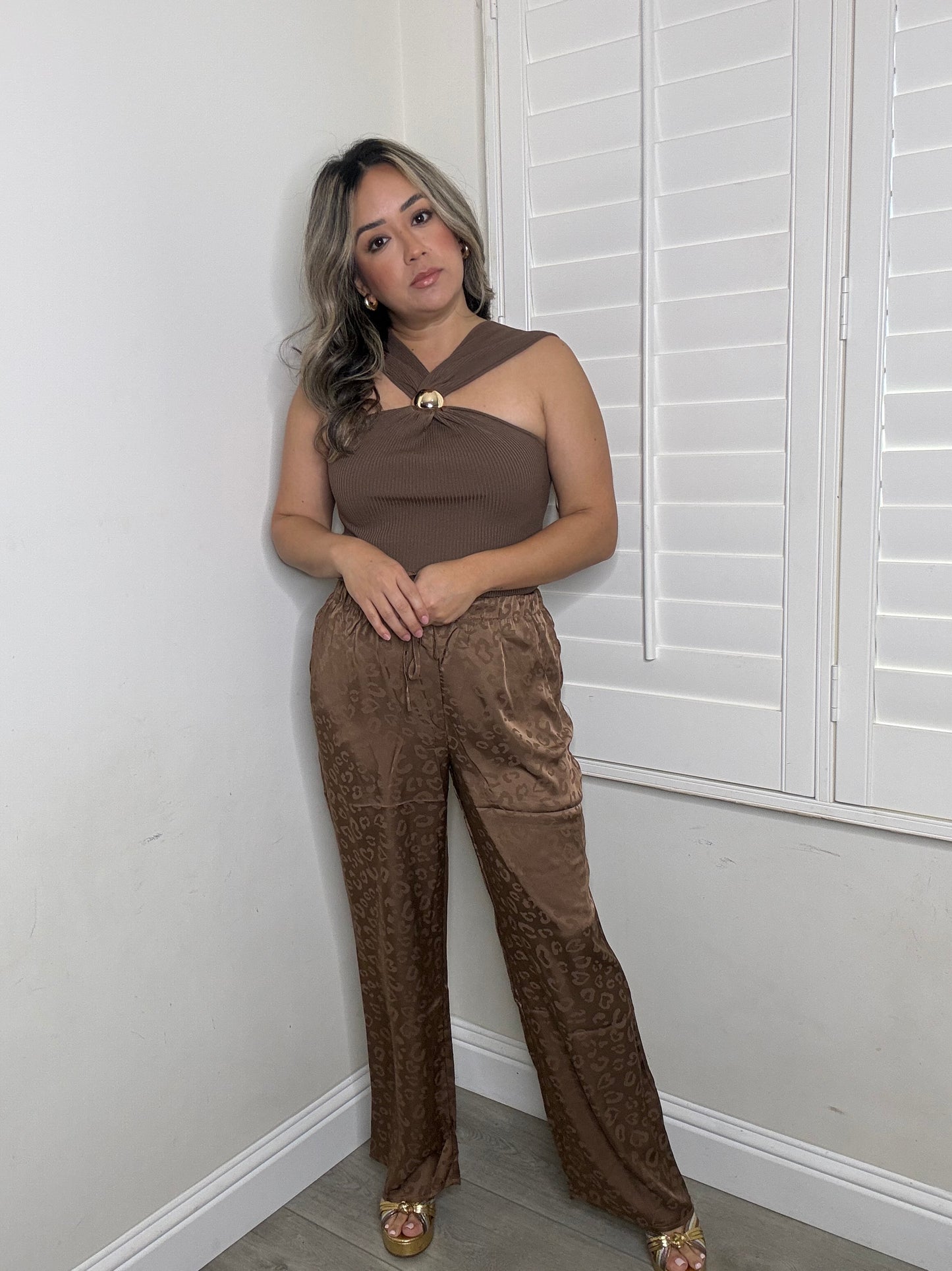 Marlah Gold Halter Buckle Top- Mocha