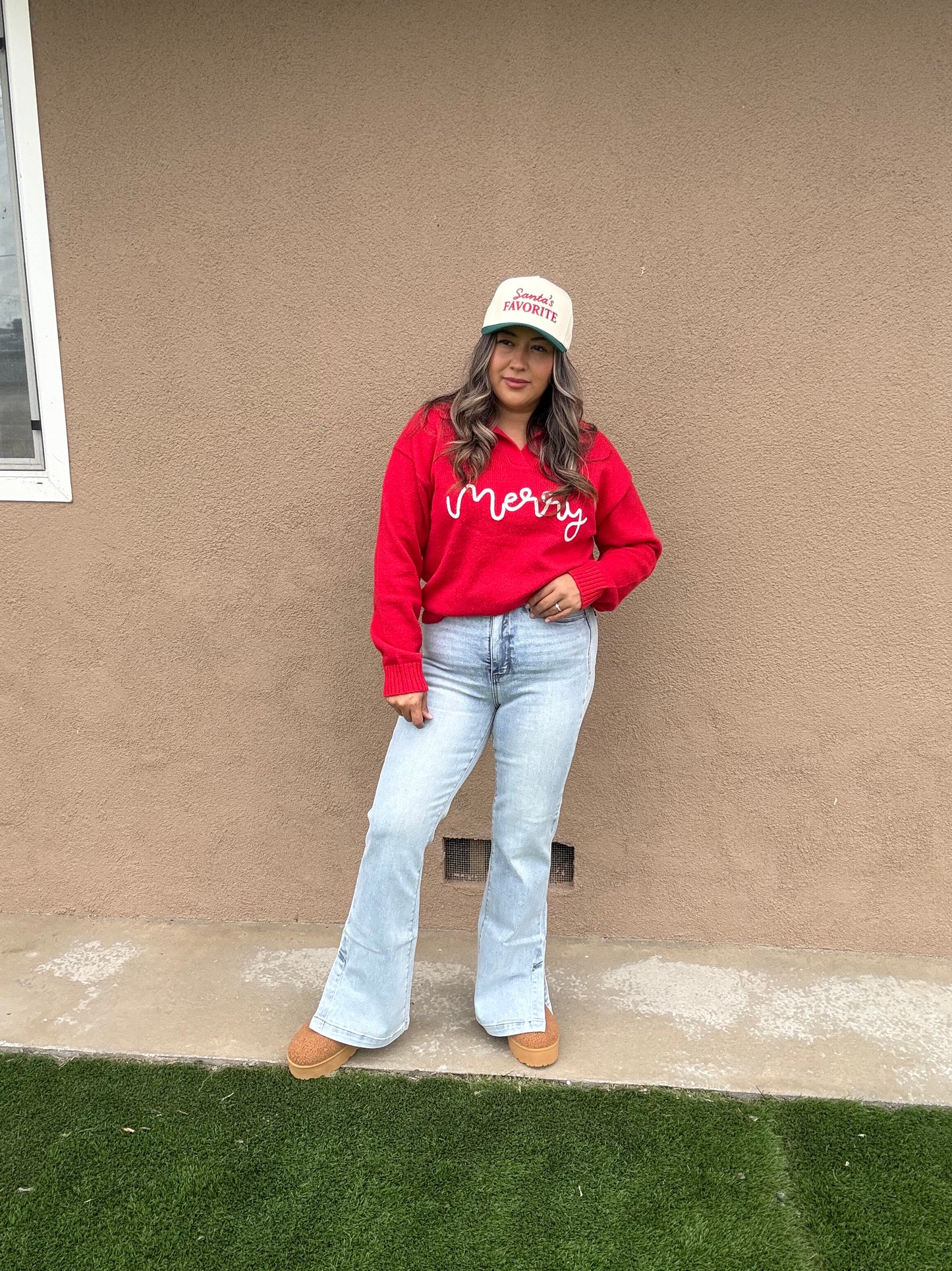 Merry Red Collared Sweater Top