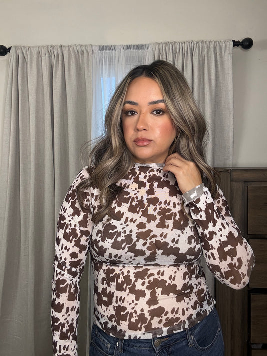 Me Gustas Sheer Long Sleeve Cow Print top