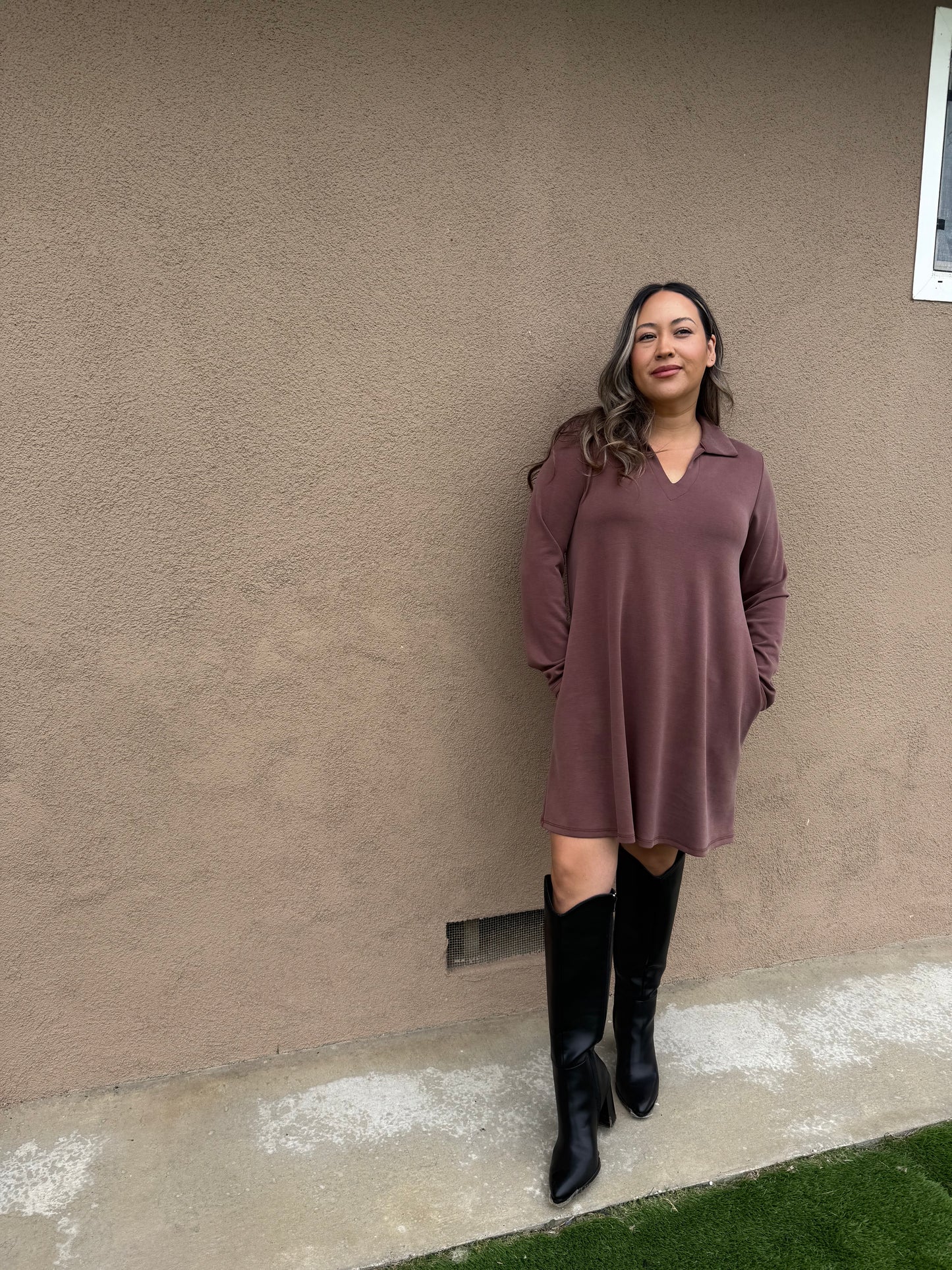 Cappuccino Collared Long Sleeve Mini Dress