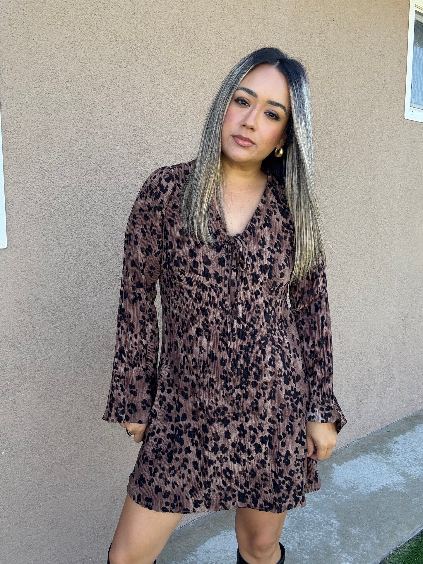 Caramel Leopard Pleated Dress