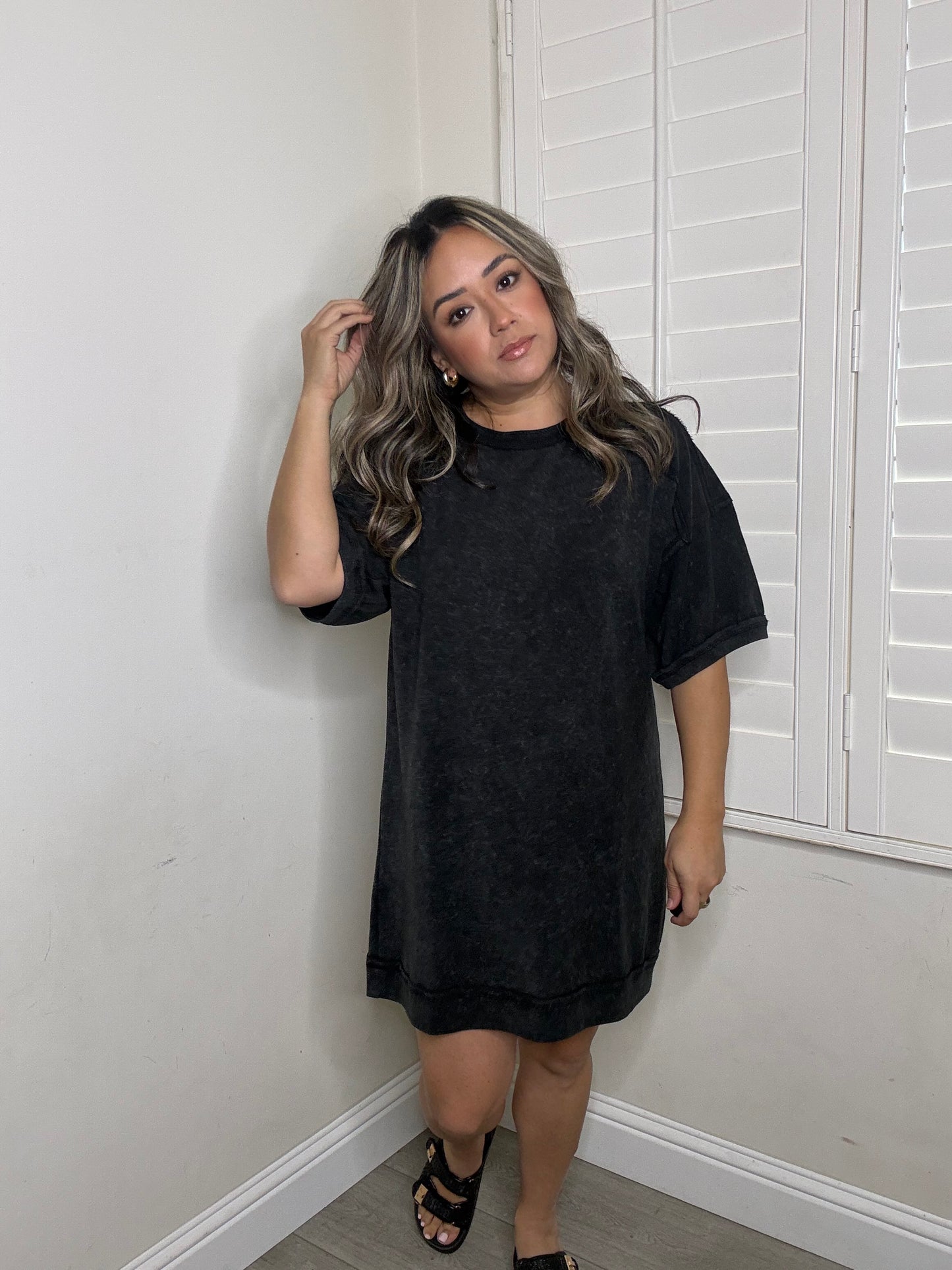 Regan Mini Tee Dress- Washed Black