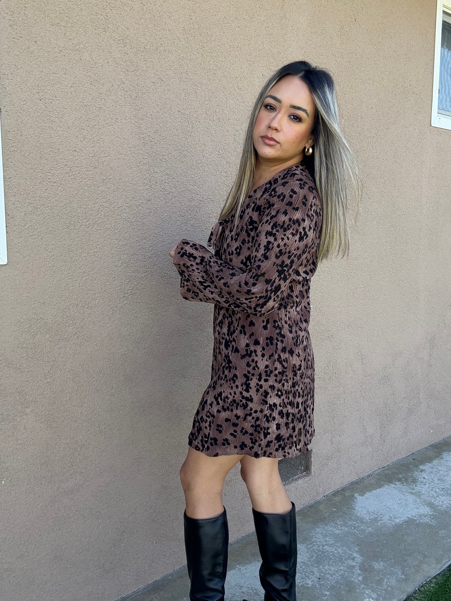 Caramel Leopard Pleated Dress