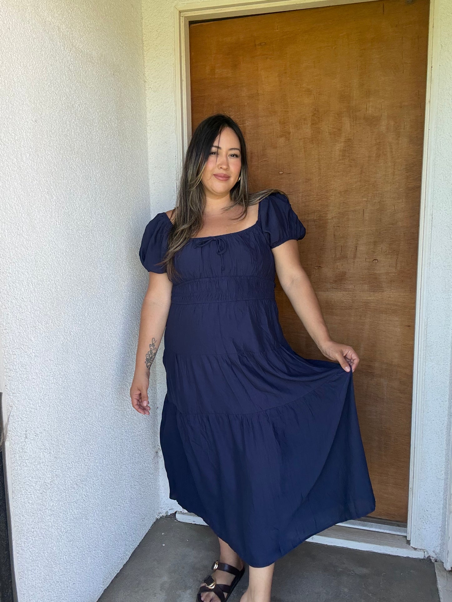 Malia Bubble Sleeve Midi Dress- Navy