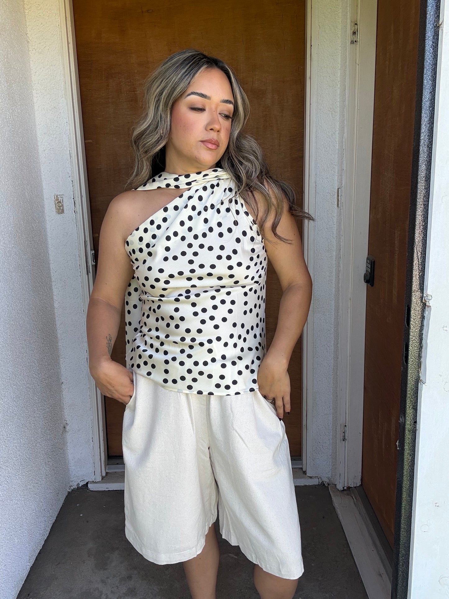 Gemma Polka Dot Scarf One Shoulder Top