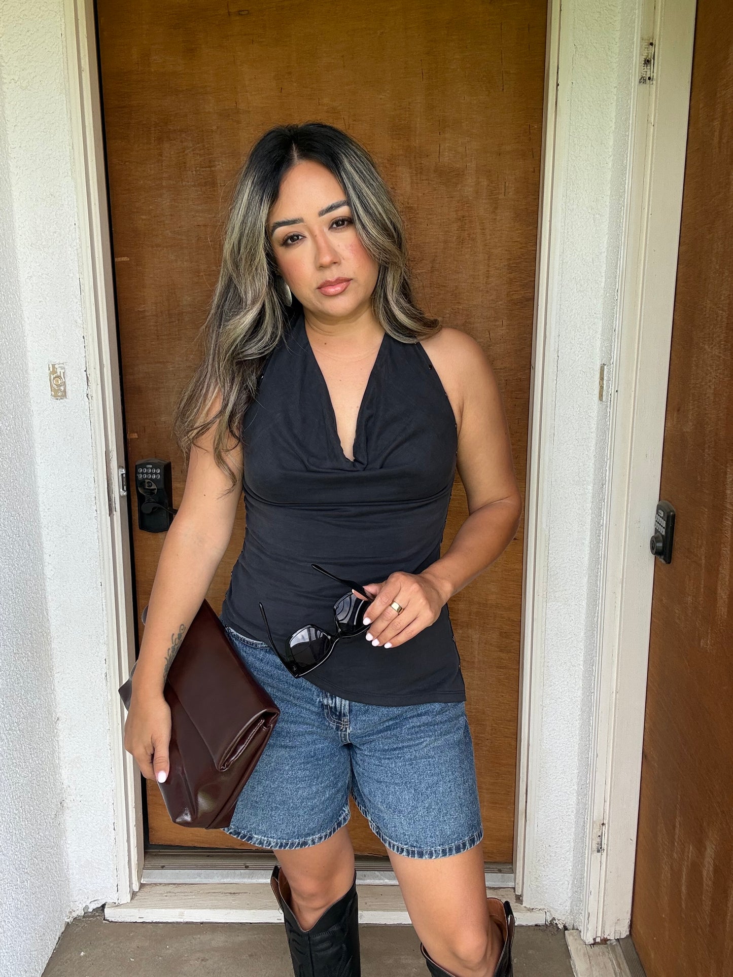 Justine Studded Halter Top- Charcoal