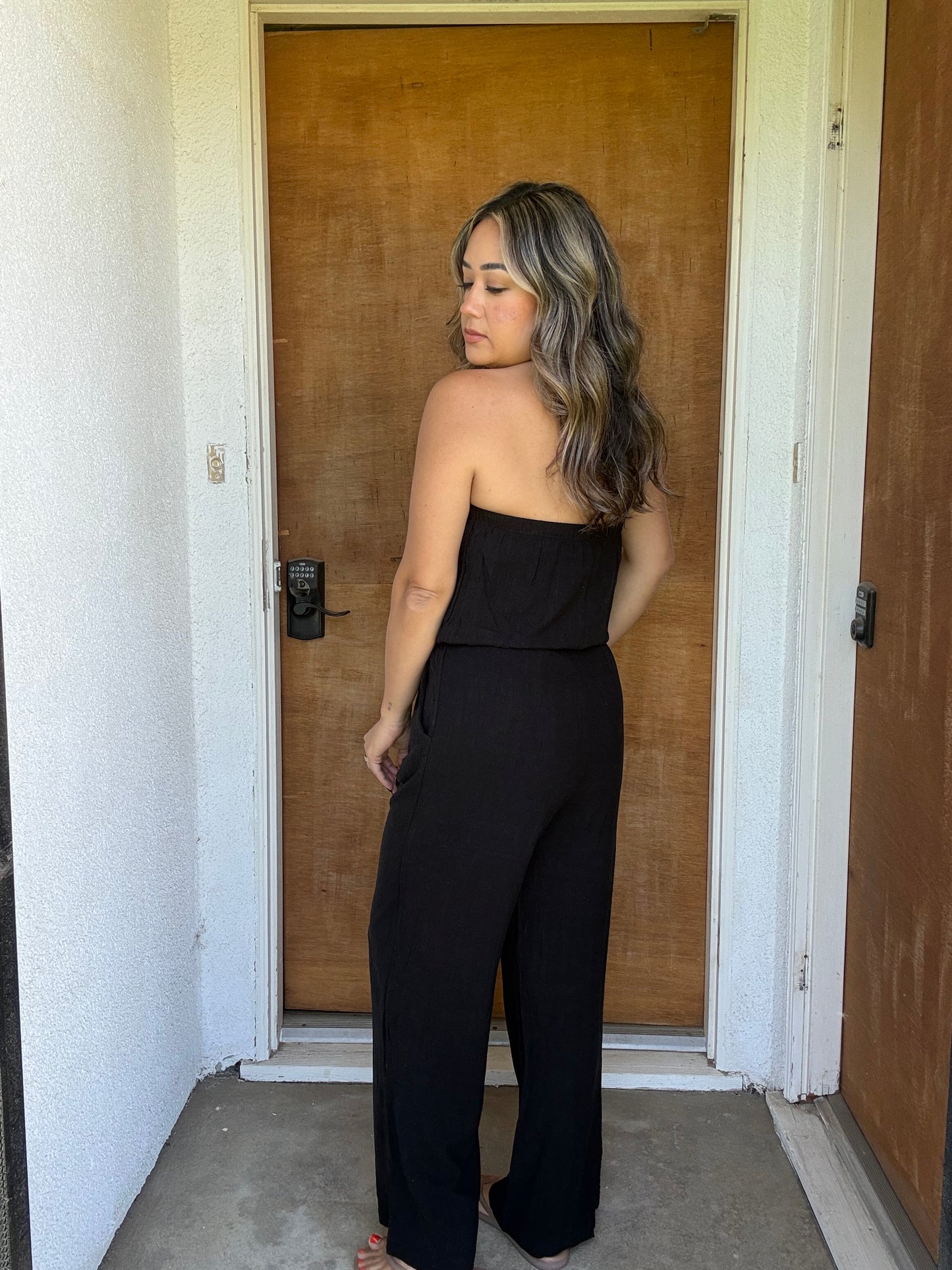 Elodie Linen Strapless Jumpsuit- Black