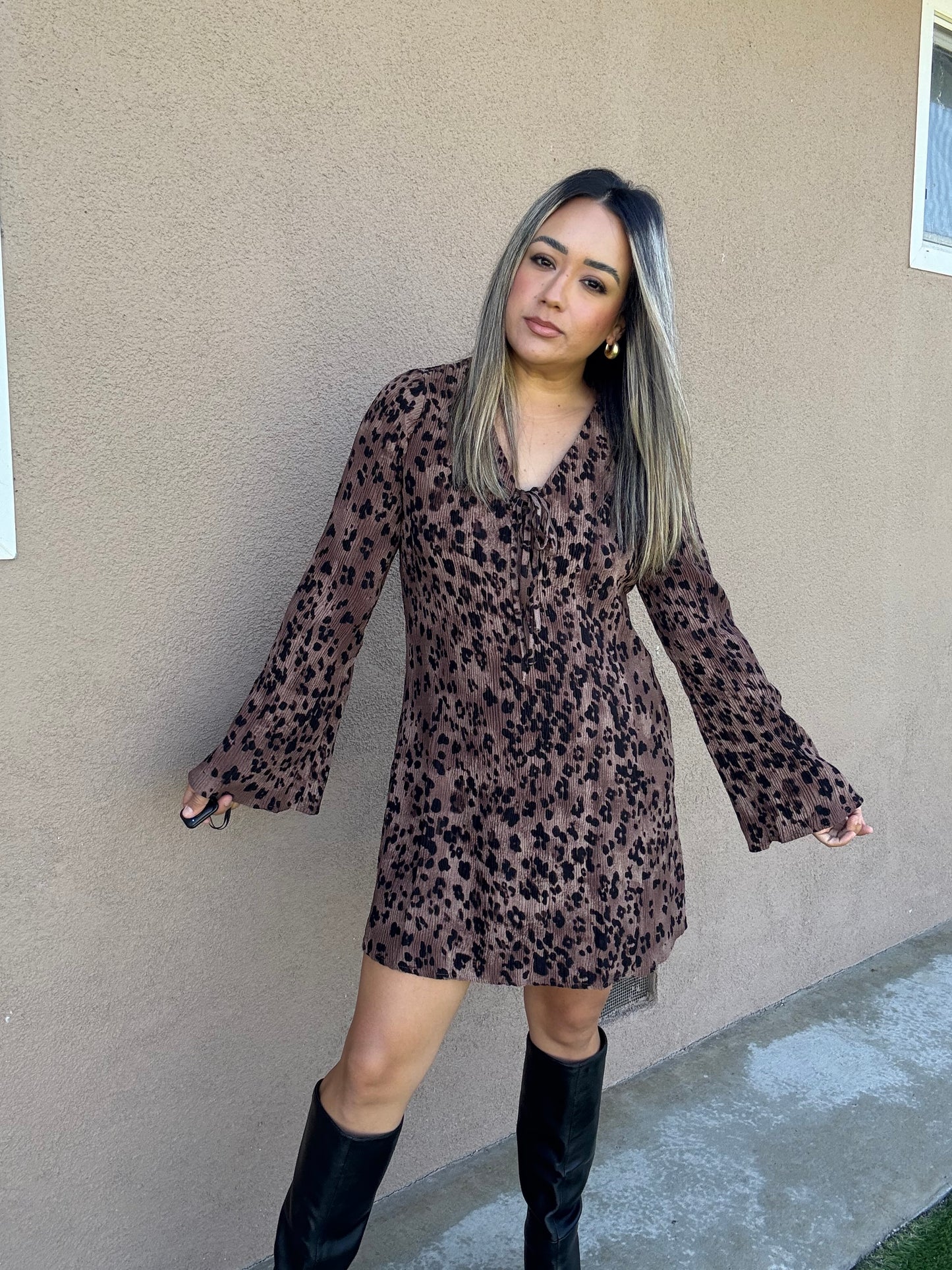 Caramel Leopard Pleated Dress