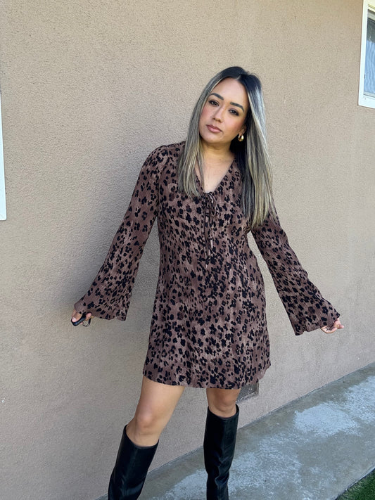 Caramel Leopard Pleated Dress