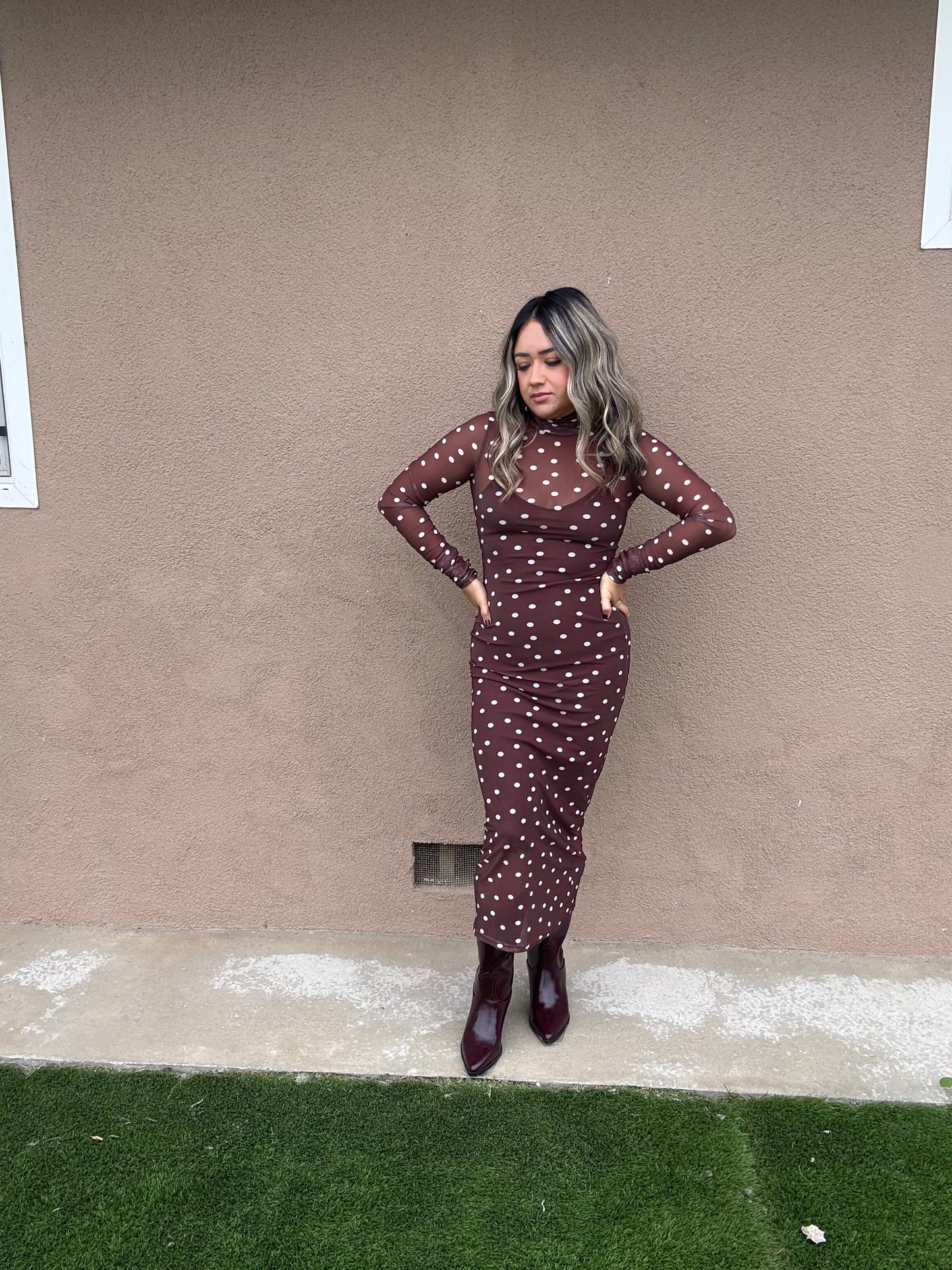 Linda Brown Polka Dot Mesh Maxi