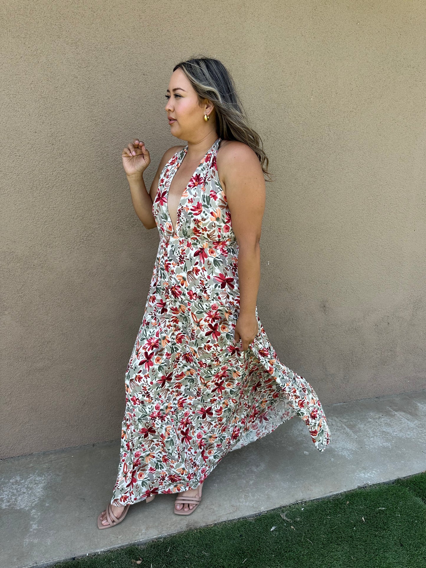 Esmeralda Halter Plunge Maxi Dress