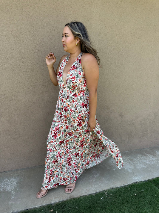 Esmeralda Halter Plunge Maxi Dress