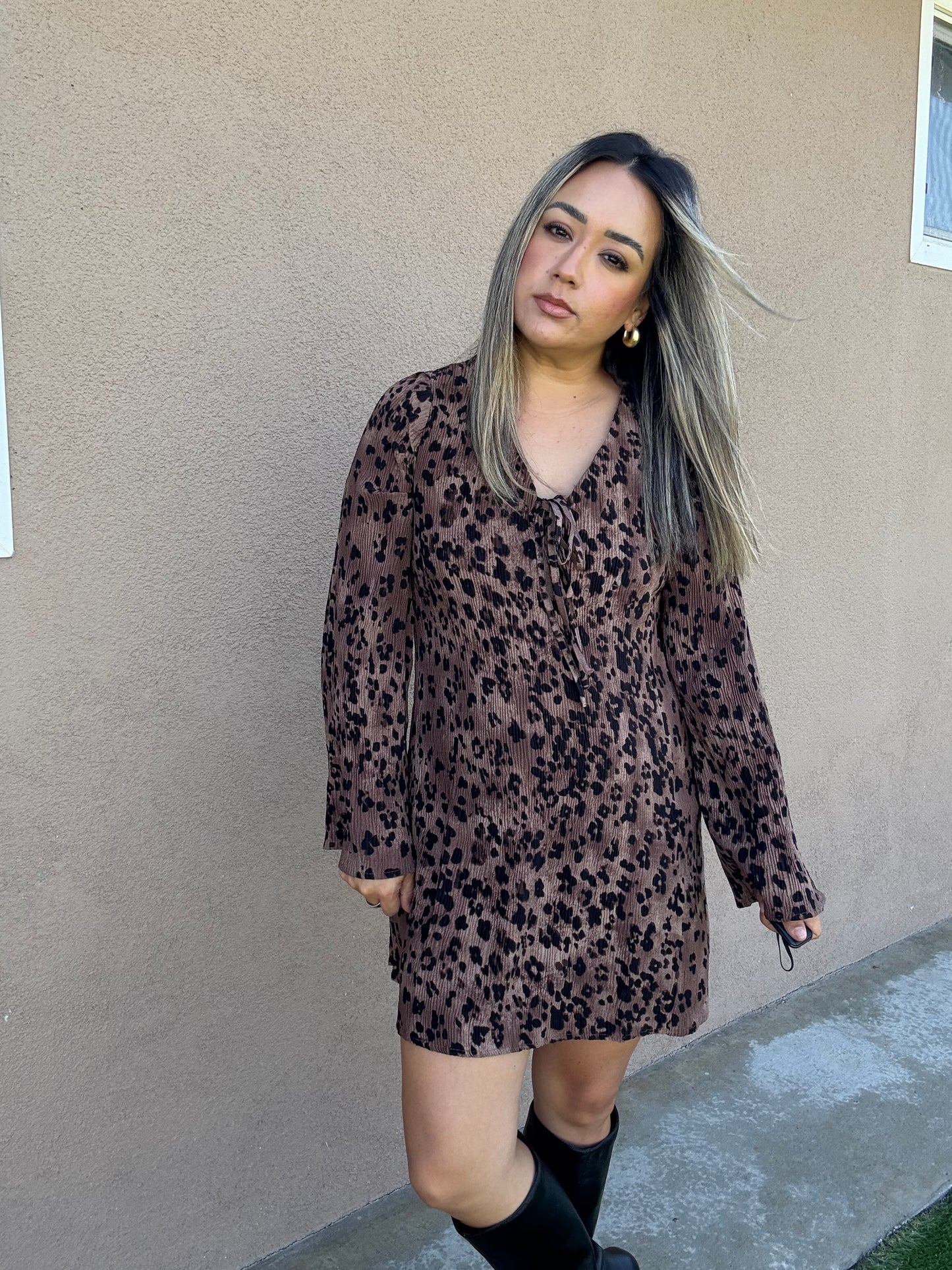 Caramel Leopard Pleated Dress