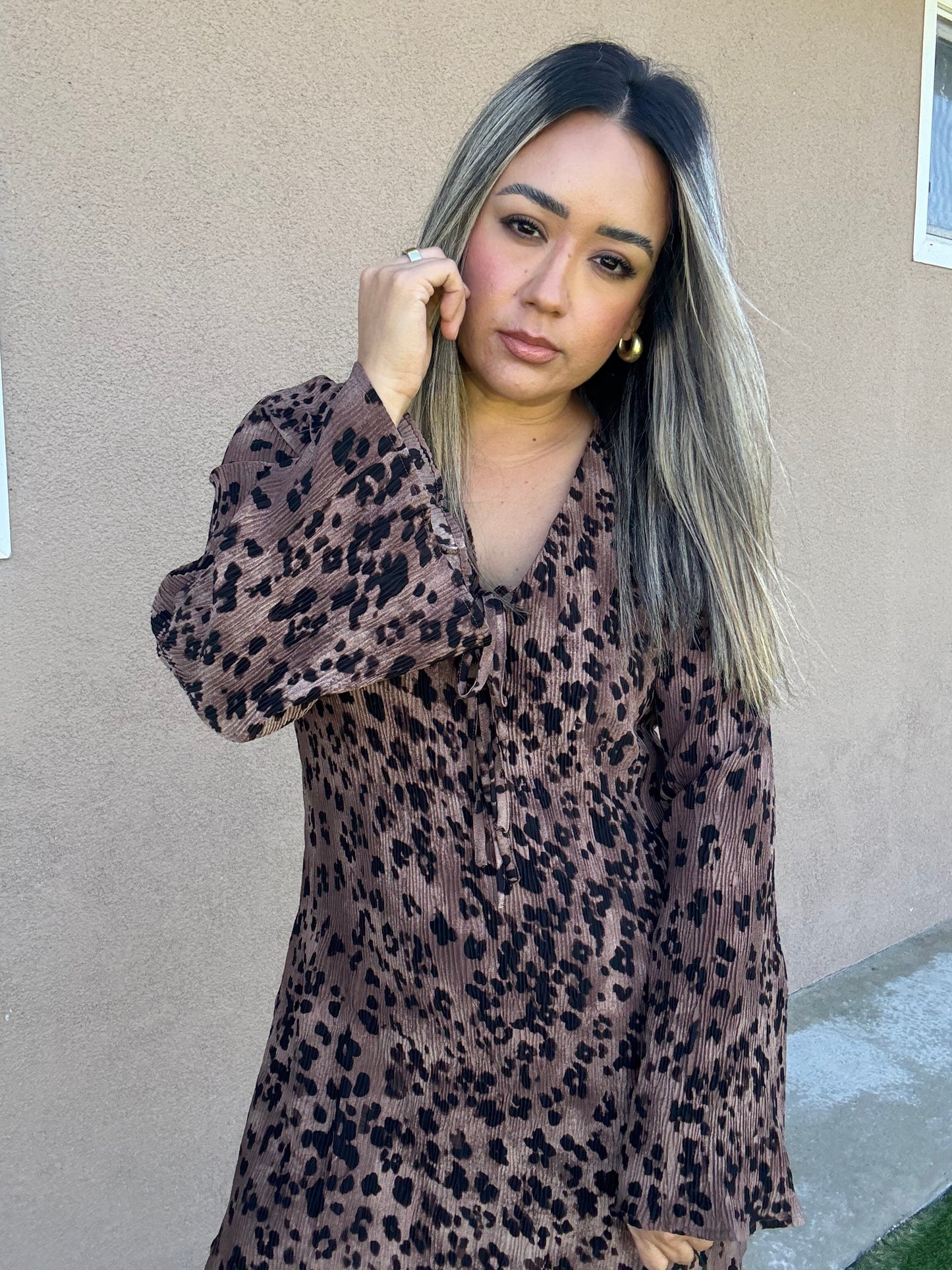 Caramel Leopard Pleated Dress