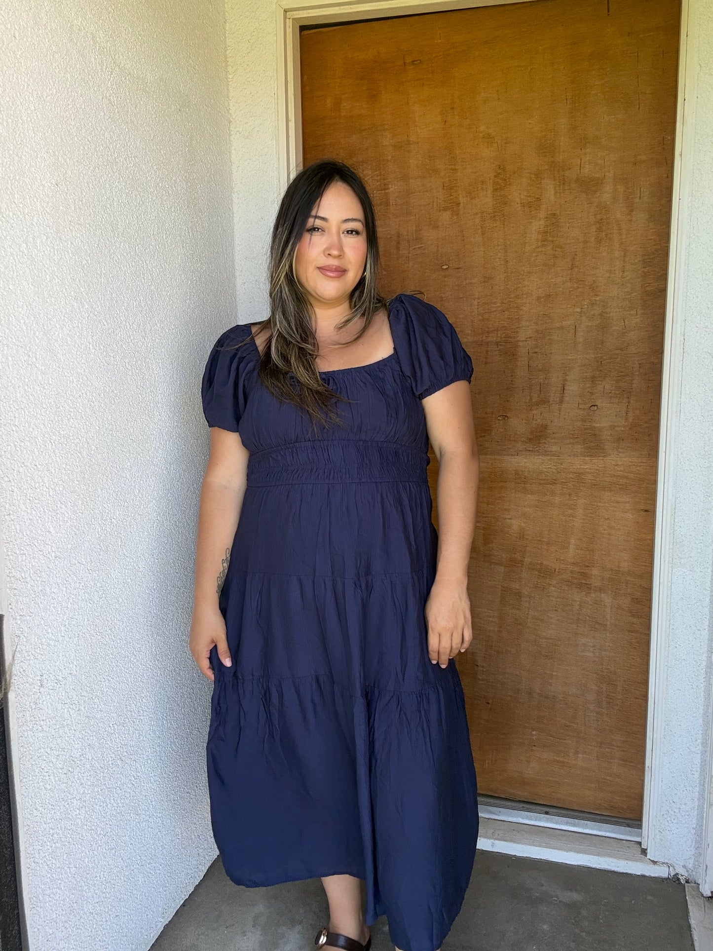 Malia Bubble Sleeve Midi Dress- Navy