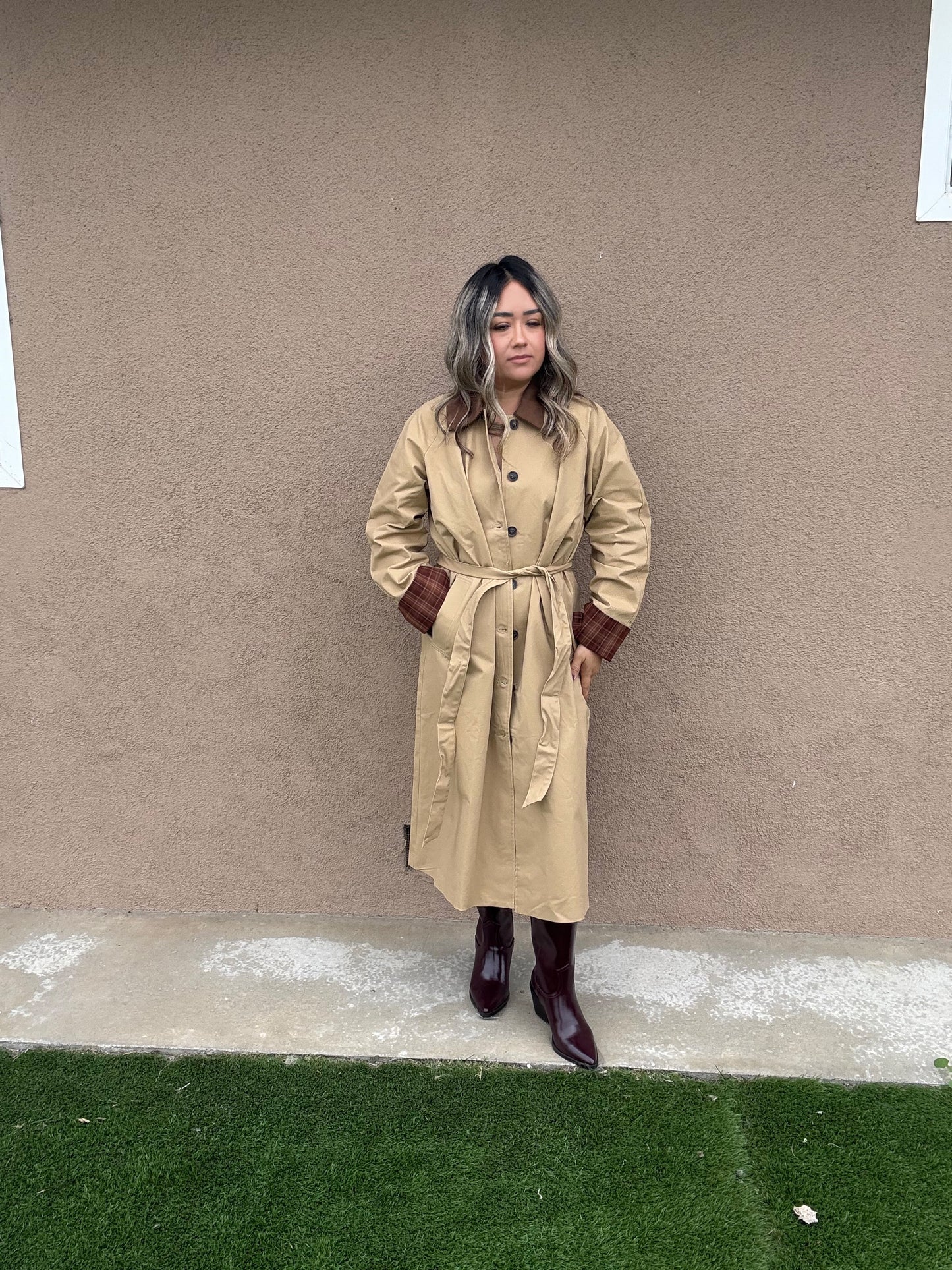 Latte Corduroy Collar Plaid Coat
