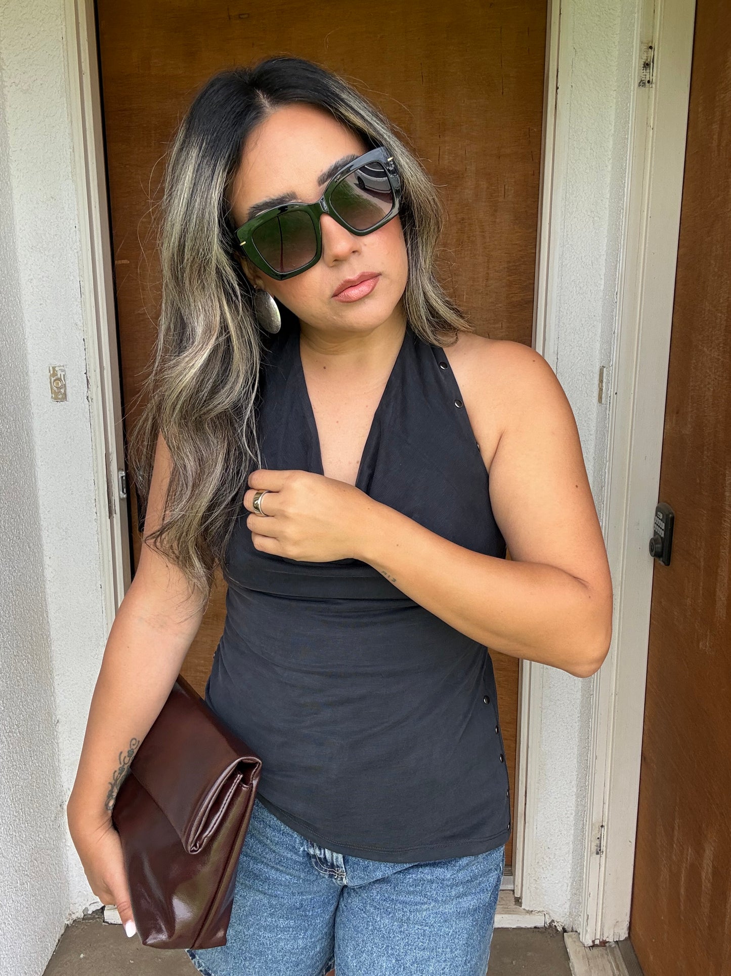 Justine Studded Halter Top- Charcoal