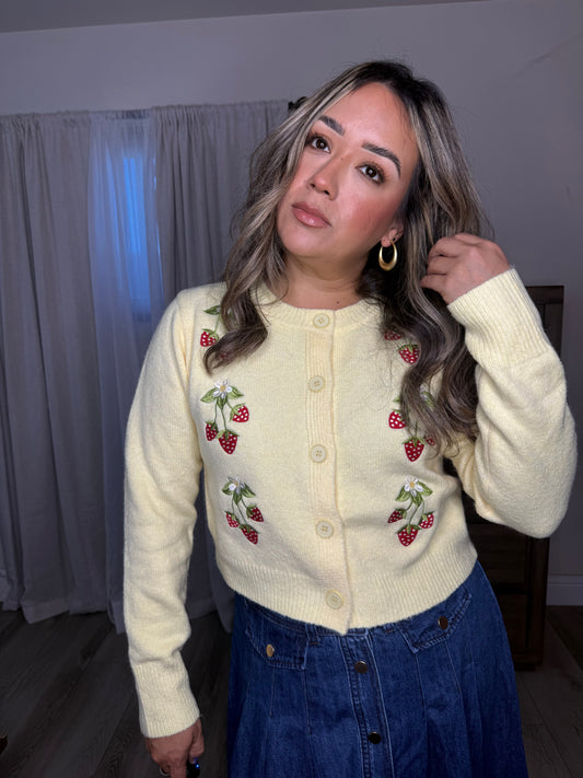 Fresita Strawberry Knit Cardigan- Butter Yellow