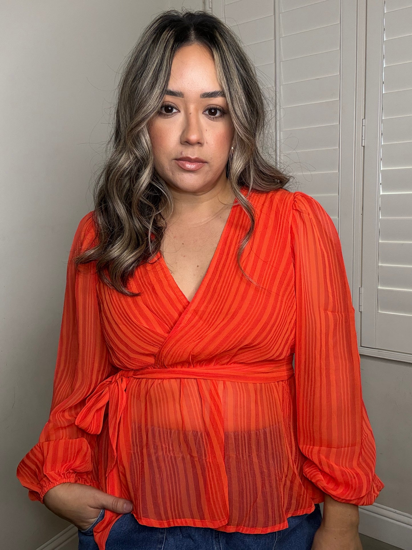 Spritz Sheer Long Sleeve Blouse- Tangerine