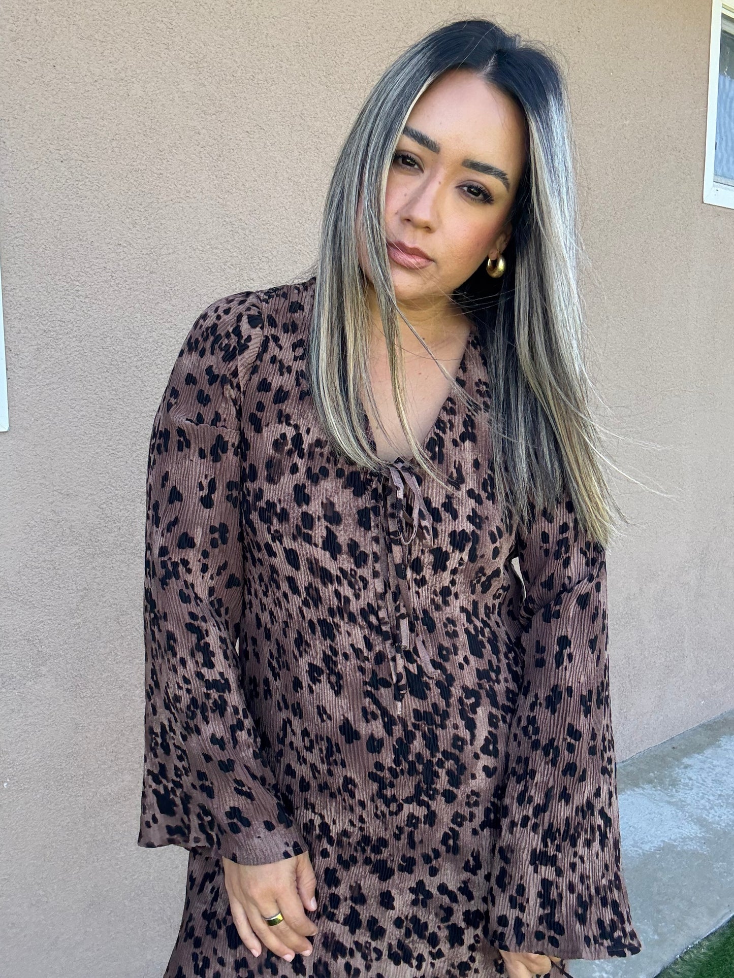 Caramel Leopard Pleated Dress