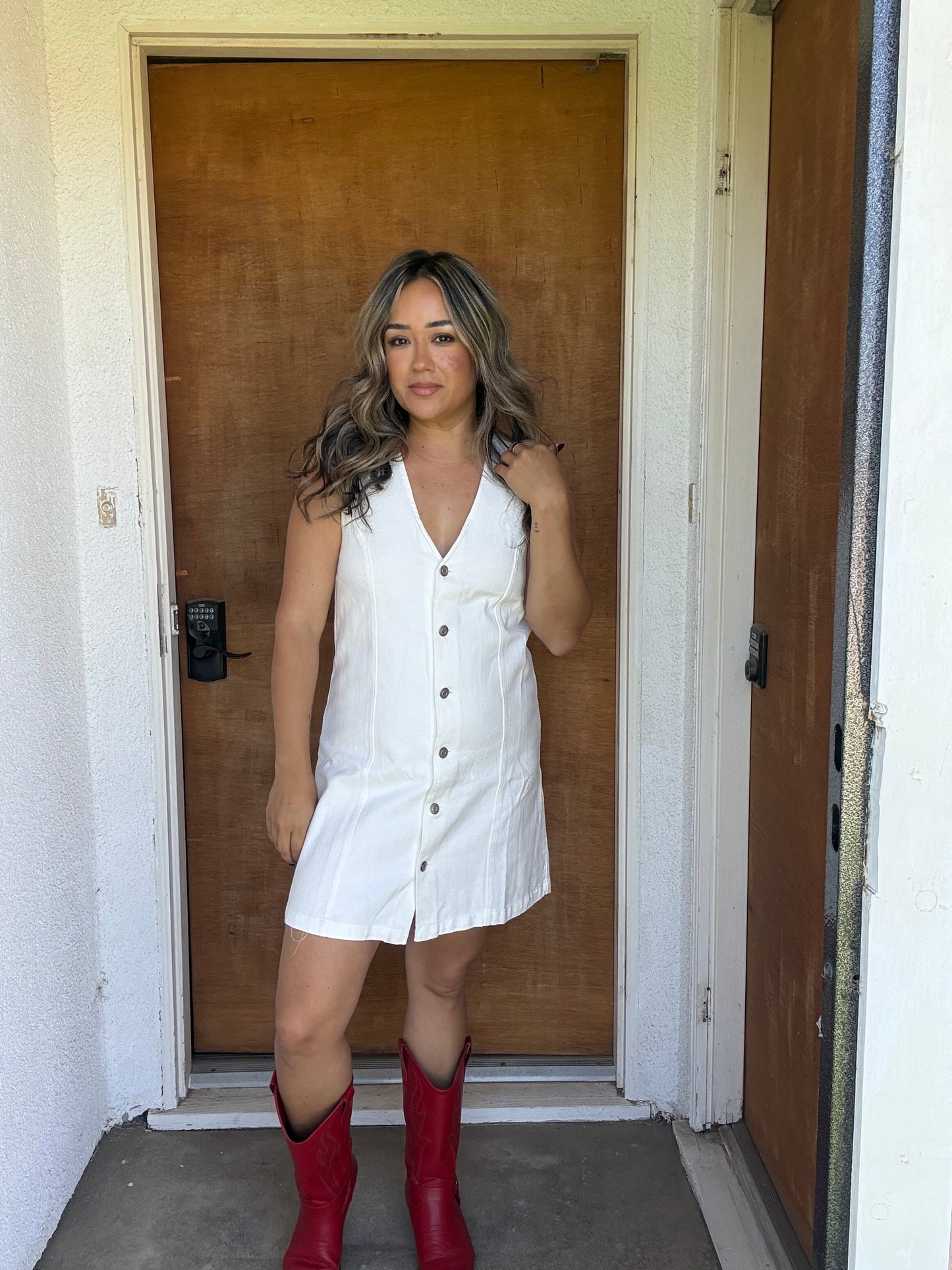 Porch Days Denim Button Down Mini Dress- White