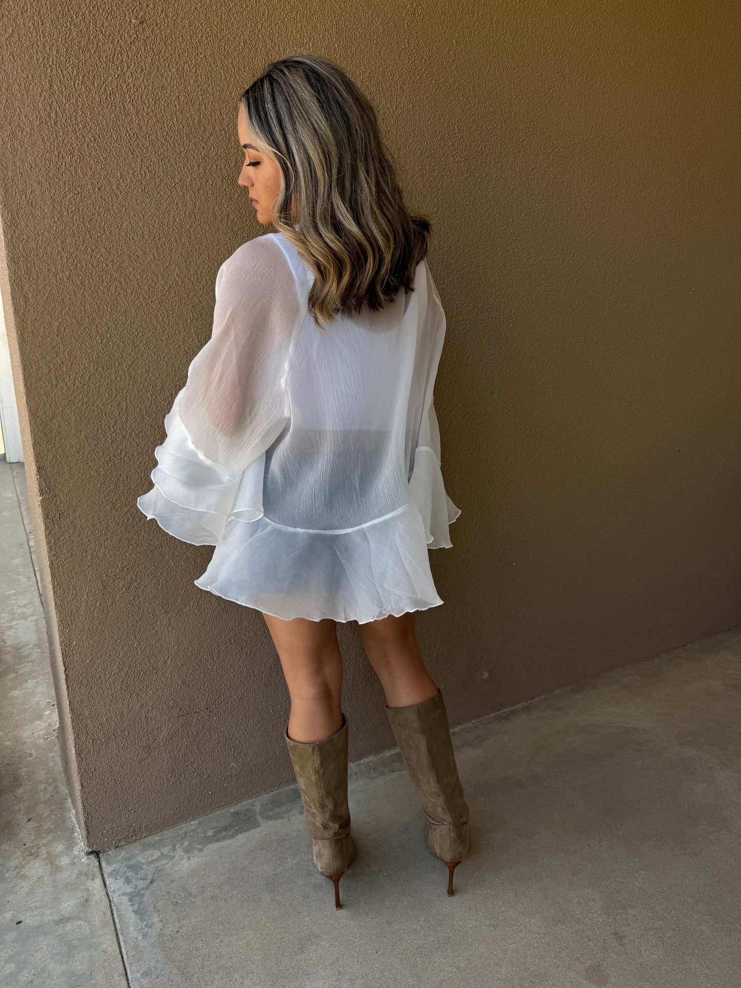 Gemma Long Sleeve Sheer Ruffled Top- White