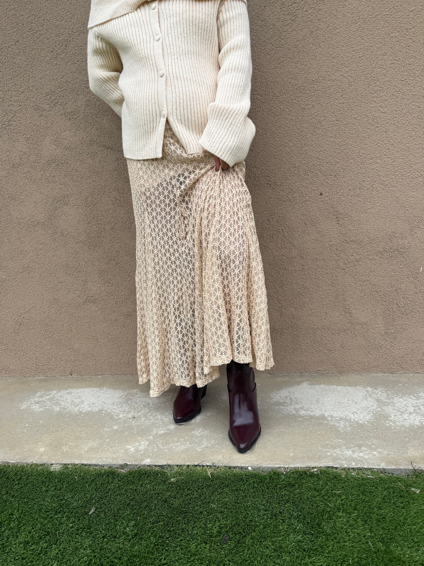 Champagne Sheer Floral Maxi Skirt