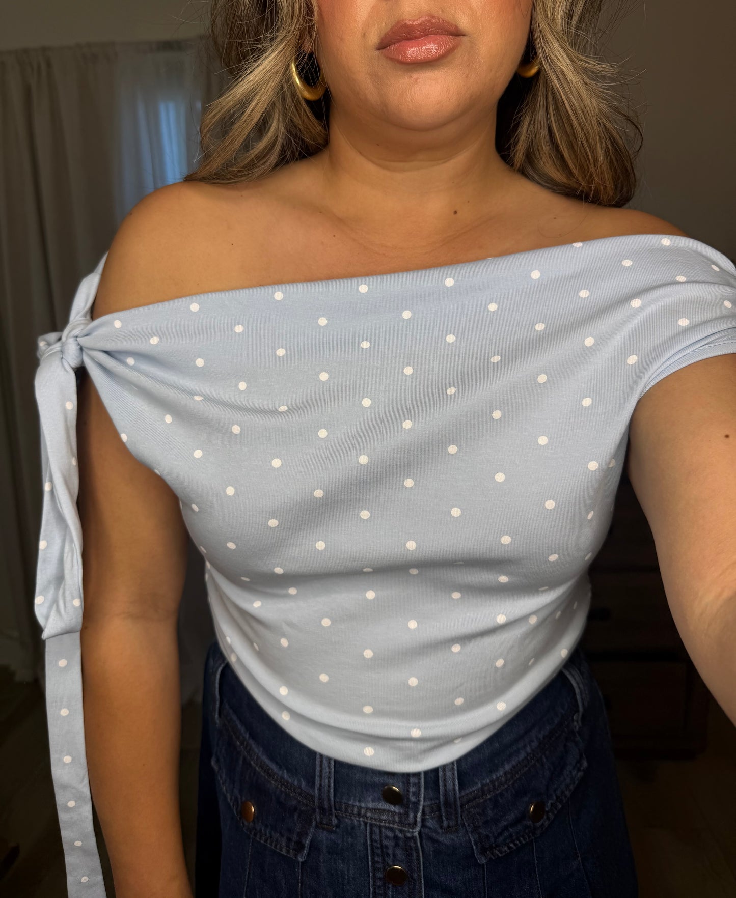 Dainty Polka Dot Off Shoulder Top- Baby Blue