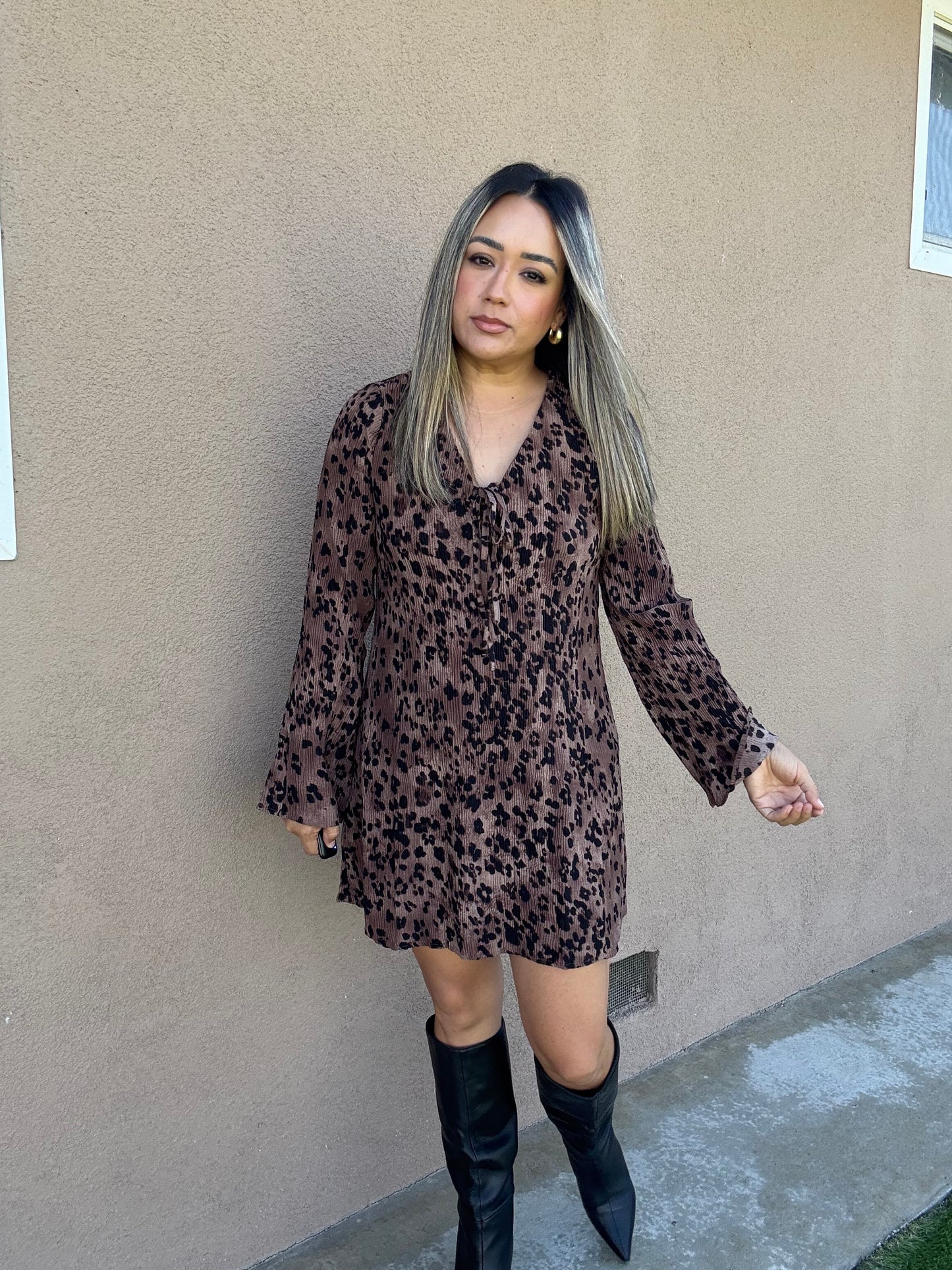Caramel Leopard Pleated Dress
