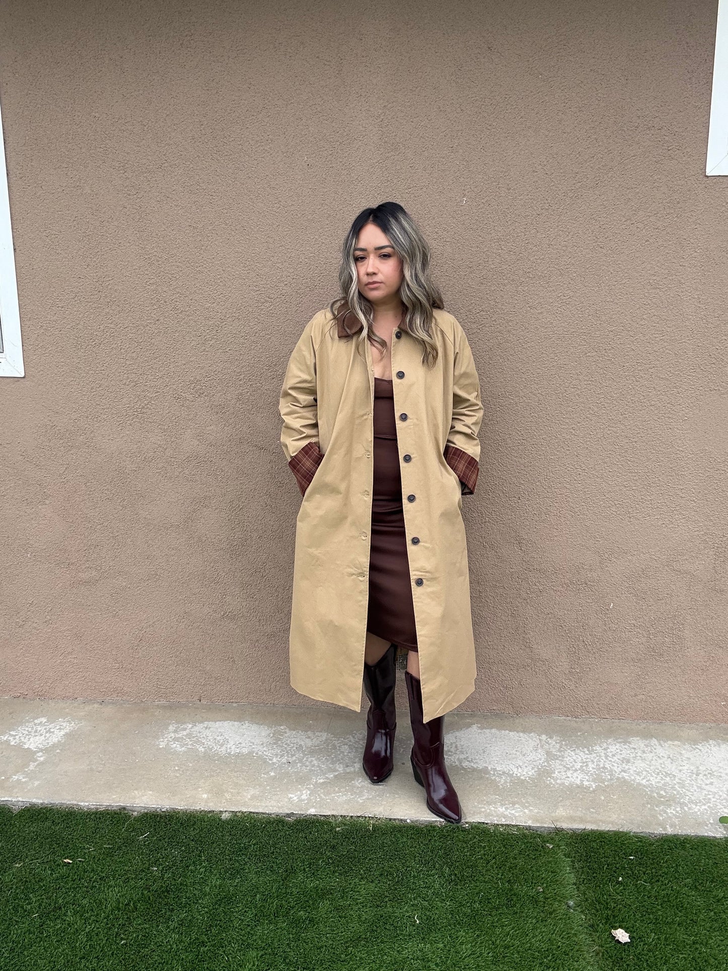 Latte Corduroy Collar Plaid Coat