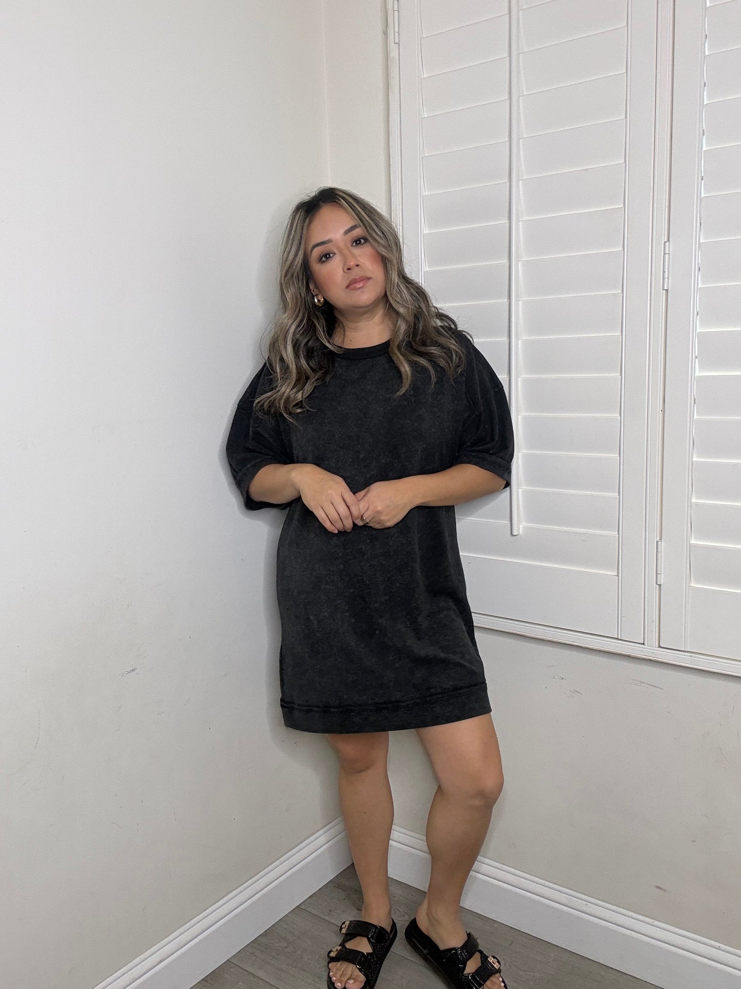 Regan Mini Tee Dress- Washed Black