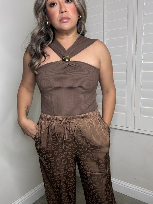 Marlah Gold Halter Buckle Top- Mocha