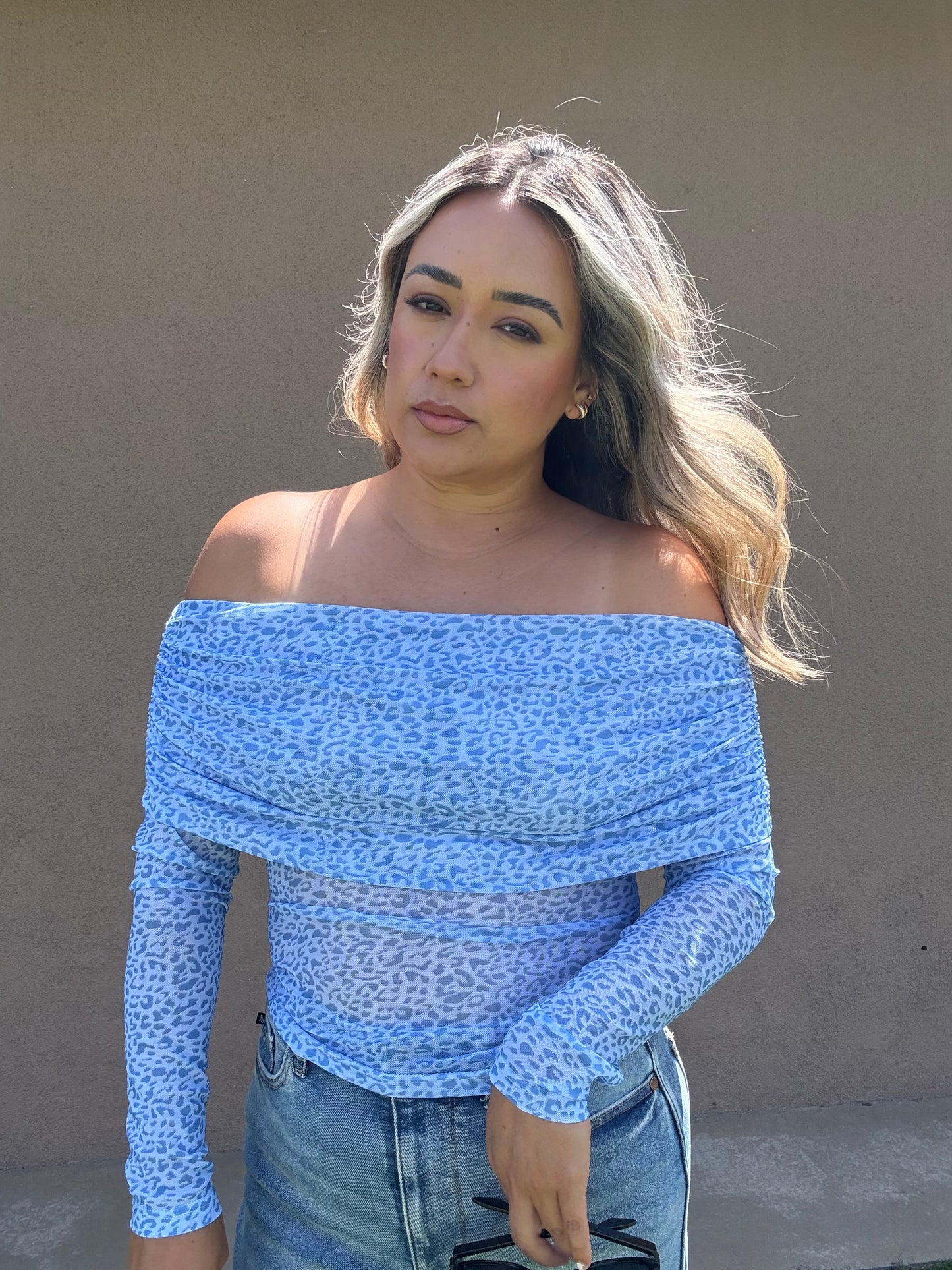 Kennedy Off Shoulder Animal Print Top- Baby Blue