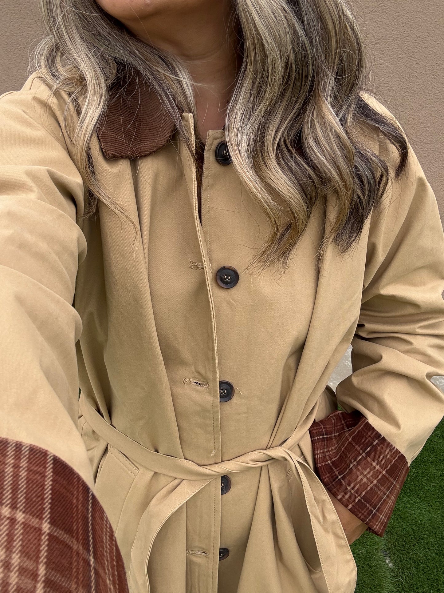 Latte Corduroy Collar Plaid Coat