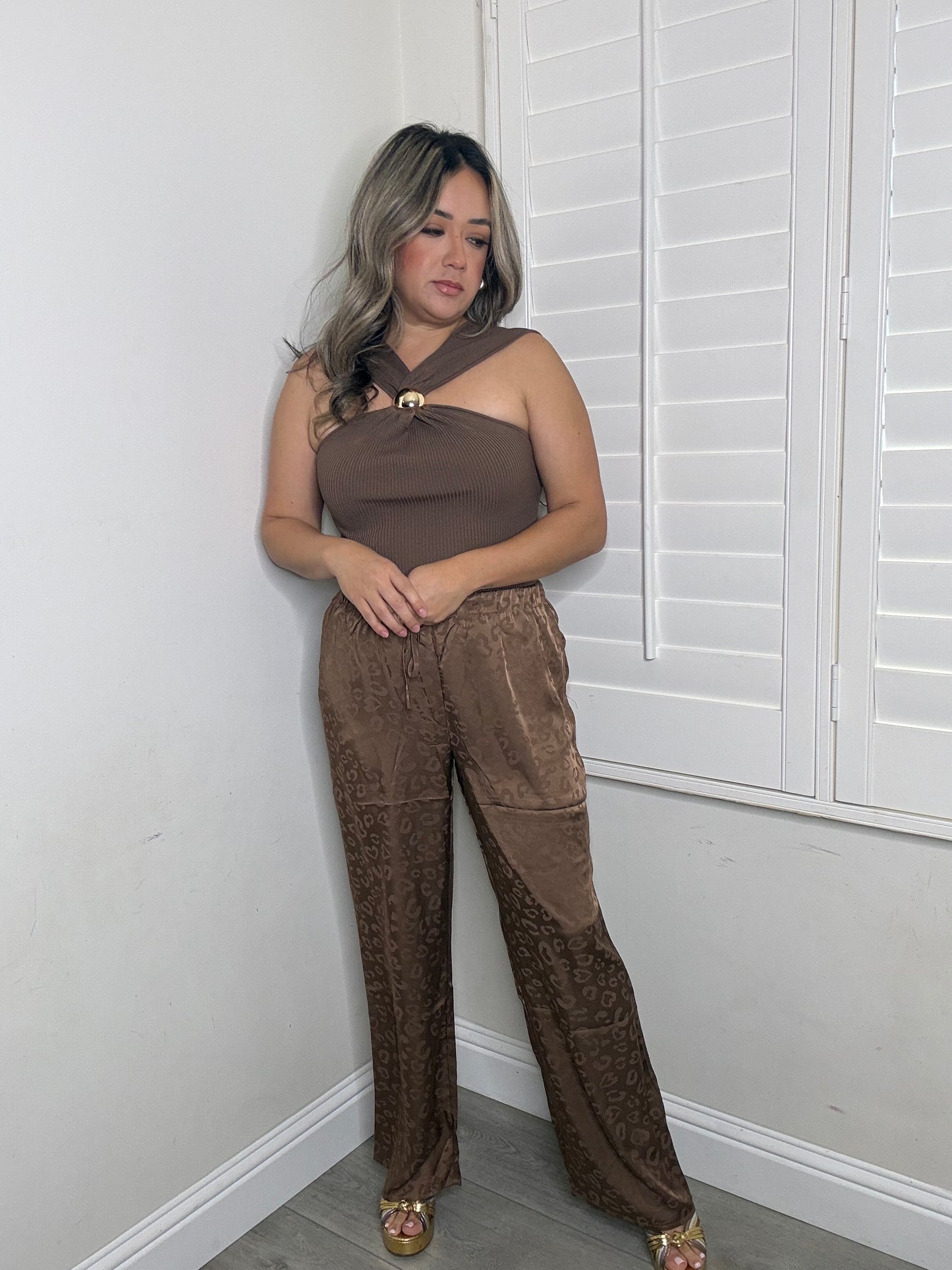 Marlah Gold Halter Buckle Top- Mocha
