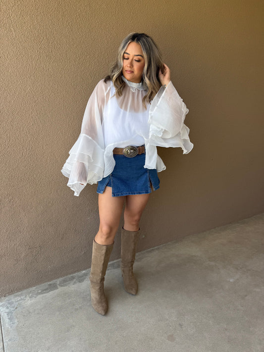 Gemma Long Sleeve Sheer Ruffled Top- White
