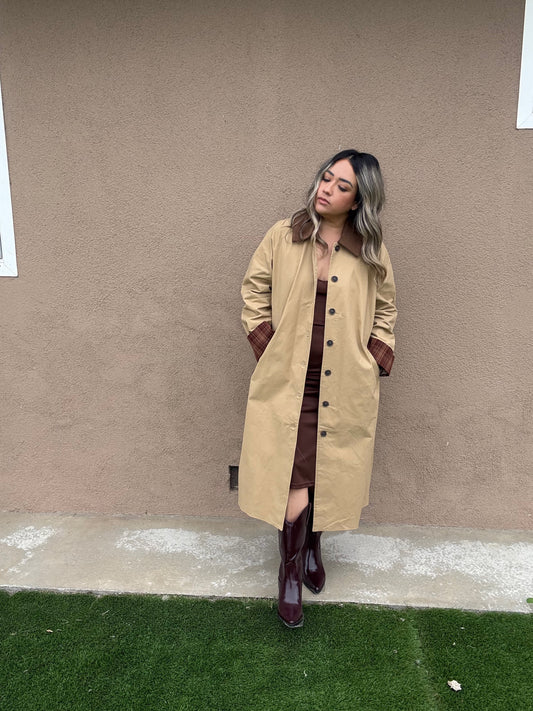 Latte Corduroy Collar Plaid Coat