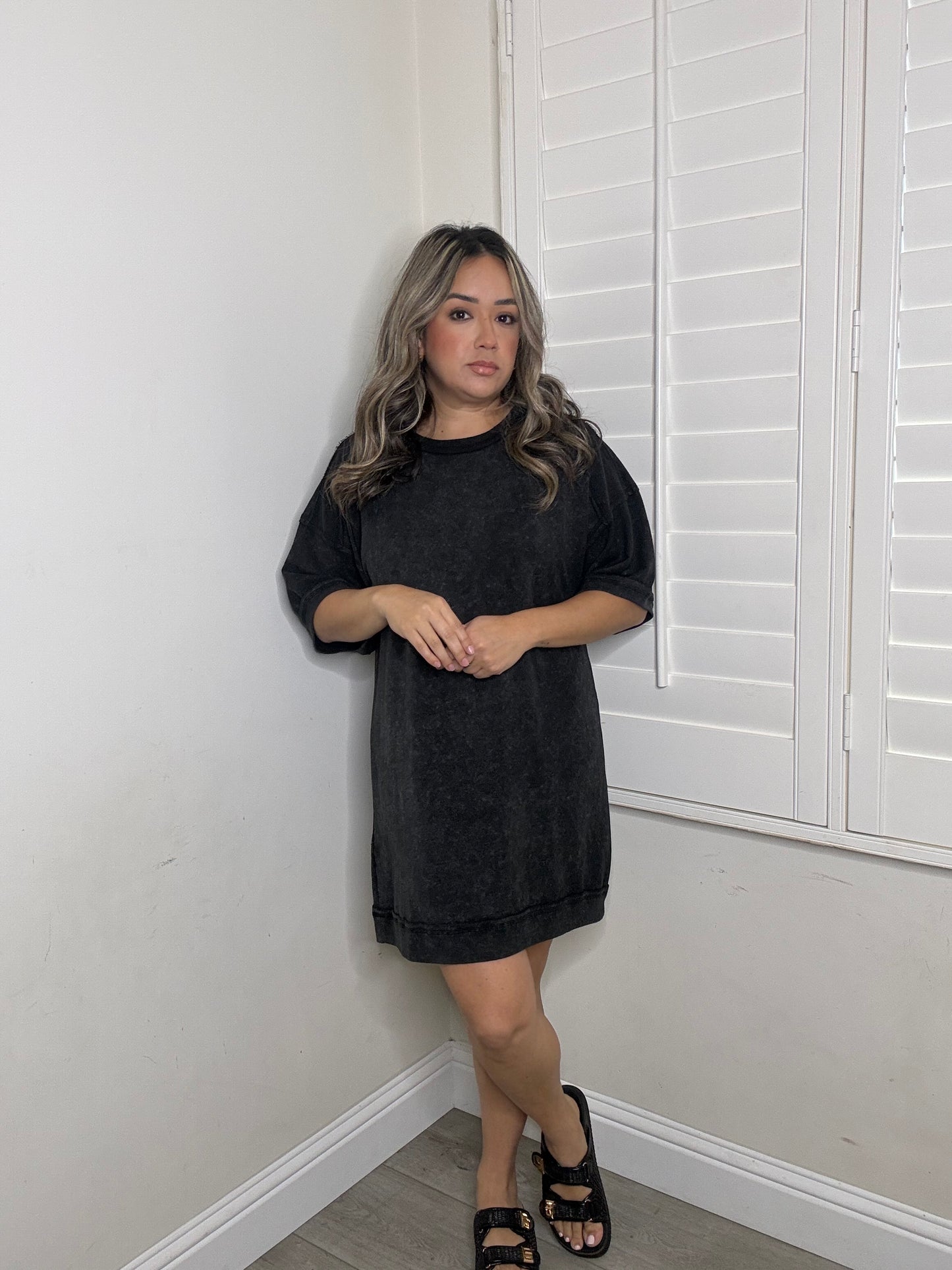 Regan Mini Tee Dress- Washed Black