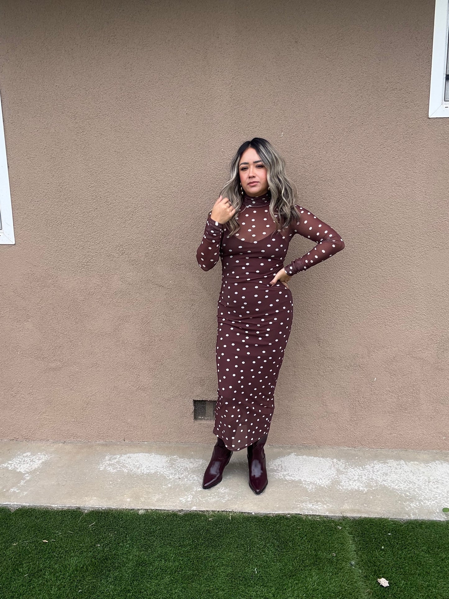 Linda Brown Polka Dot Mesh Maxi
