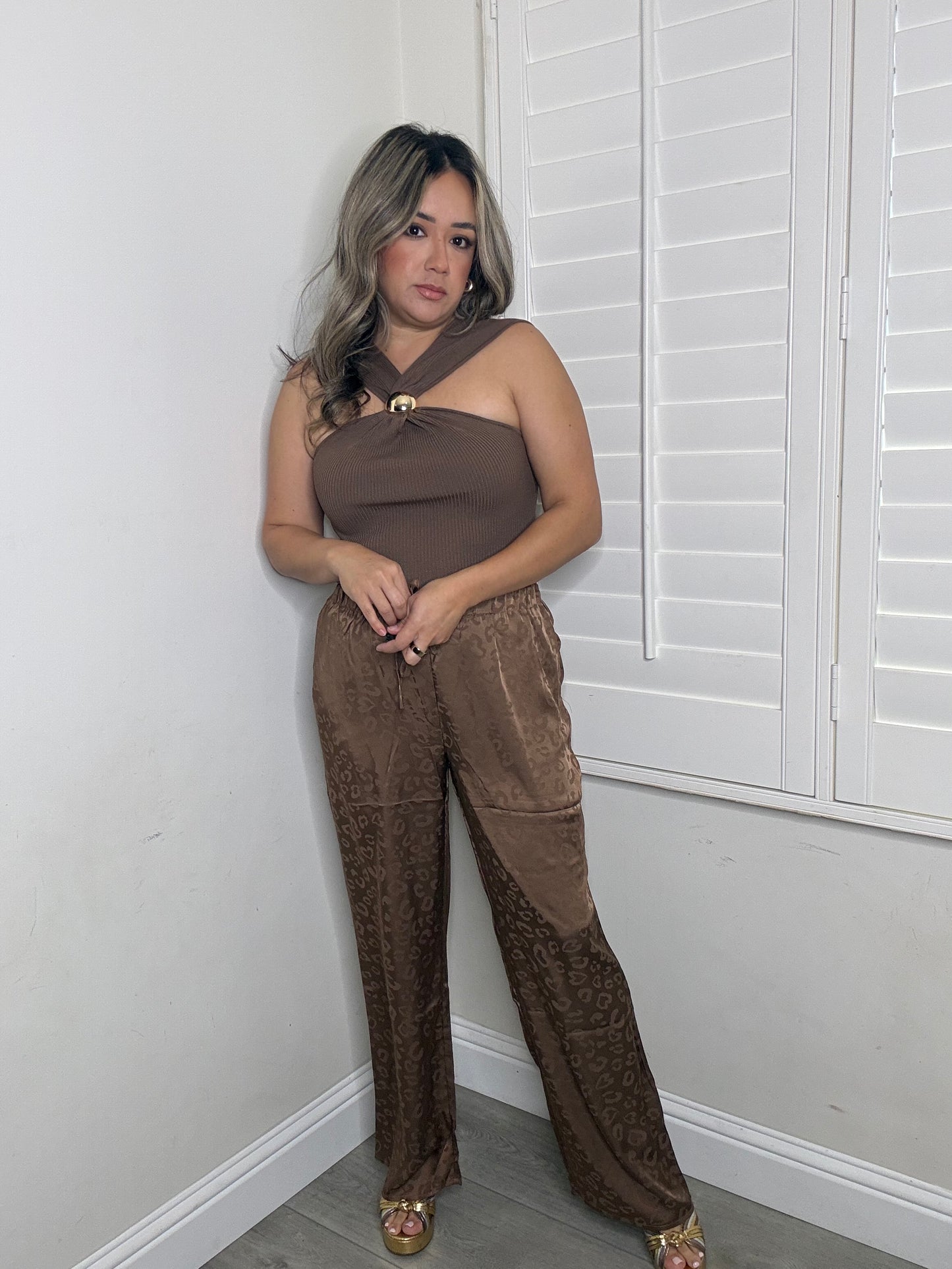 Marlah Gold Halter Buckle Top- Mocha