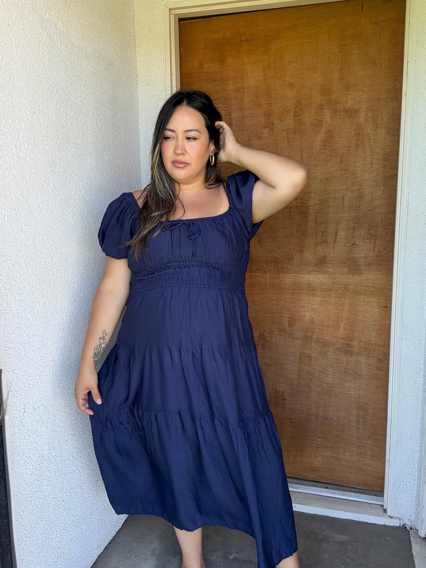 Malia Bubble Sleeve Midi Dress- Navy