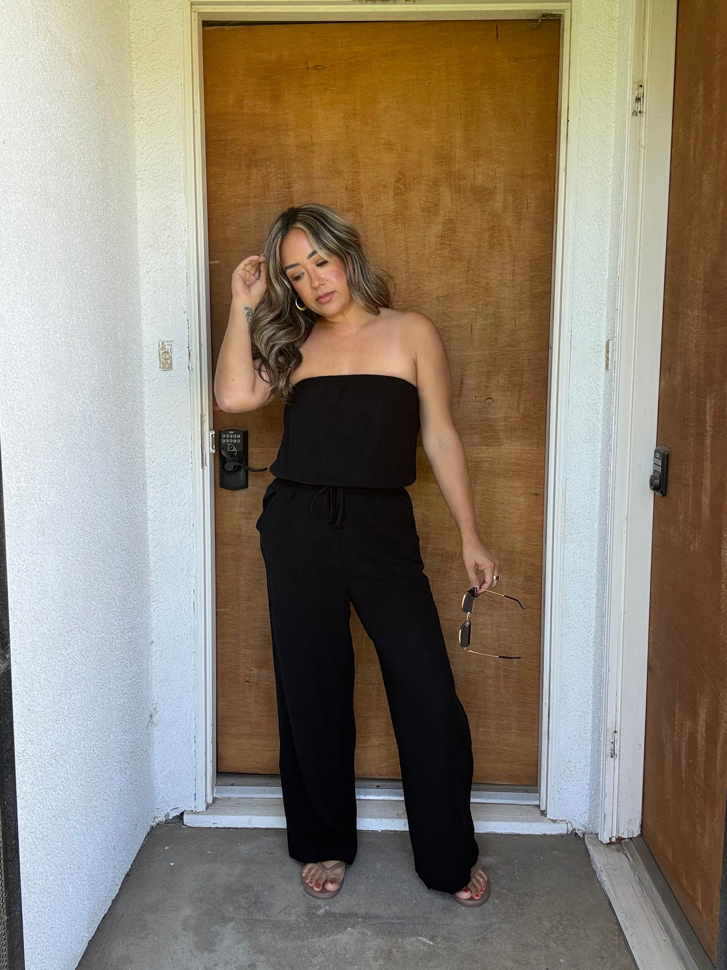Elodie Linen Strapless Jumpsuit- Black