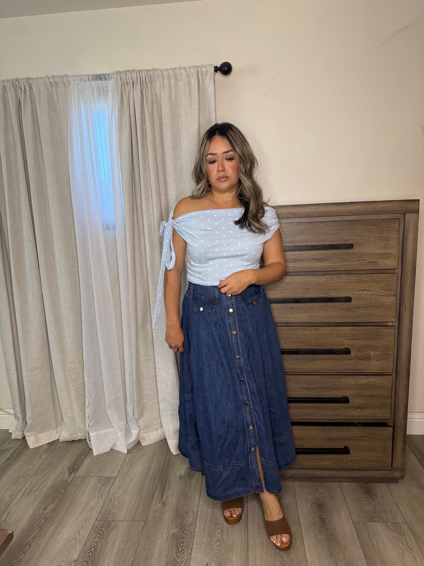 Dainty Polka Dot Off Shoulder Top- Baby Blue