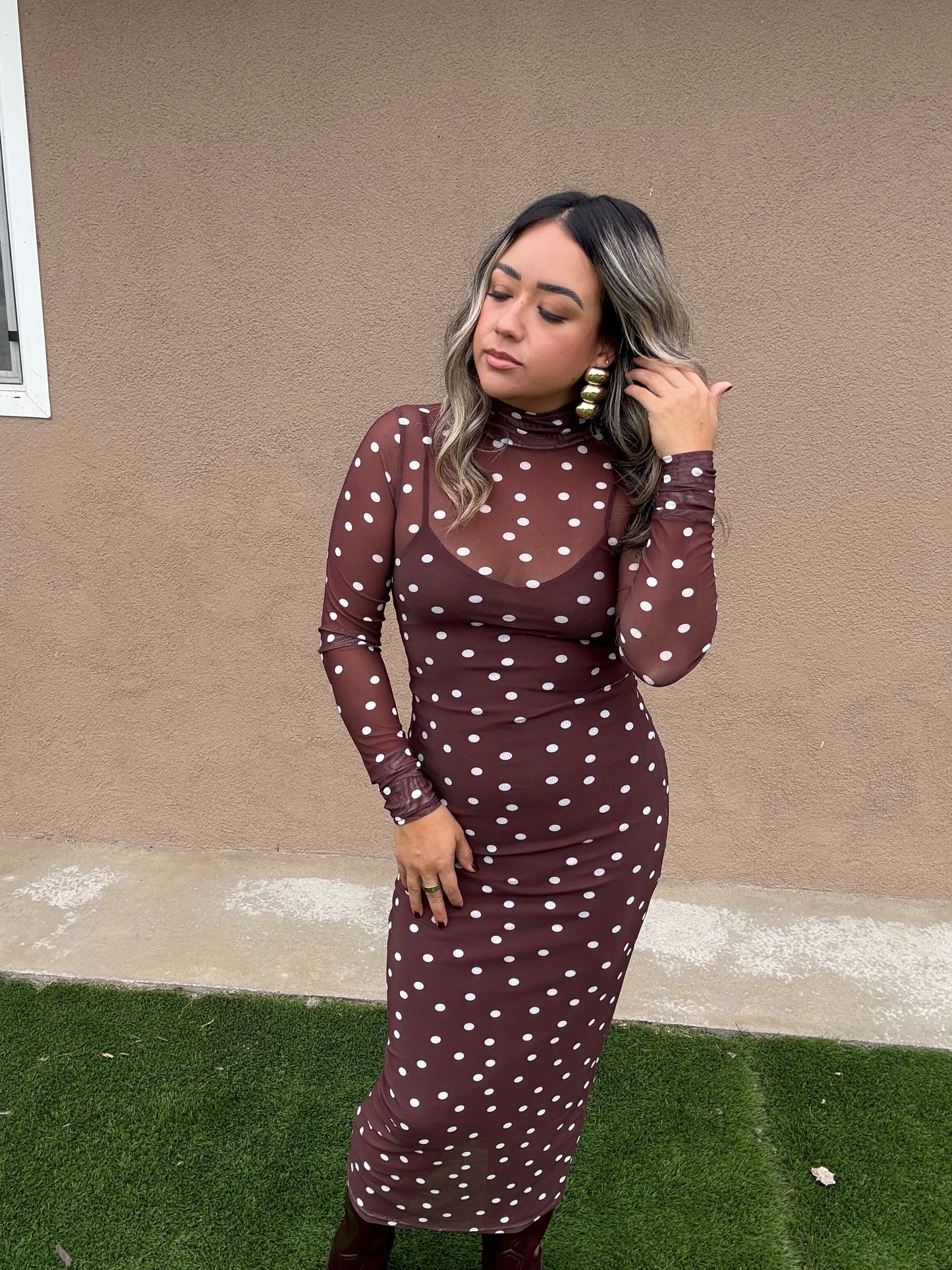 Linda Brown Polka Dot Mesh Maxi