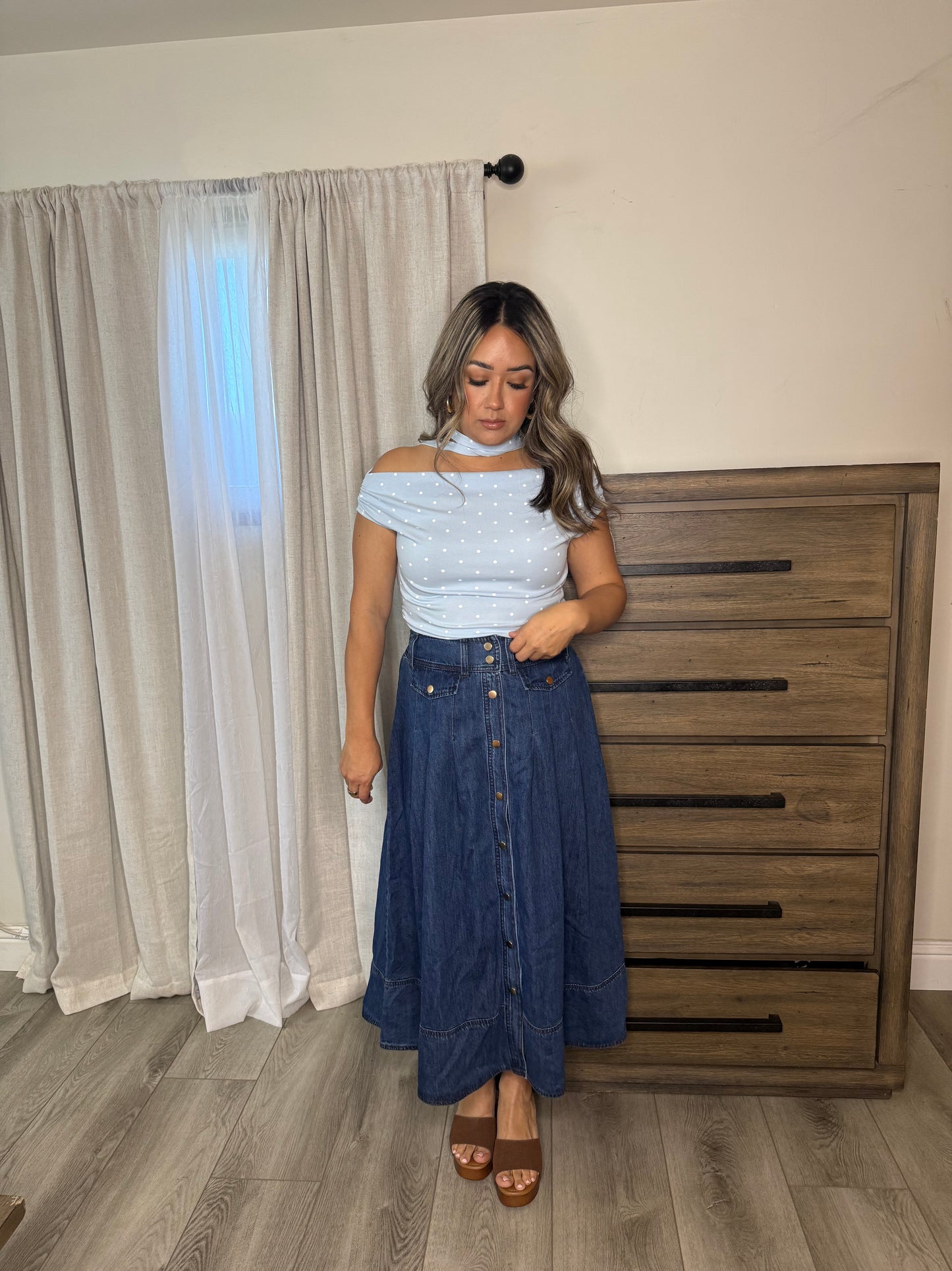 Dainty Polka Dot Off Shoulder Top- Baby Blue