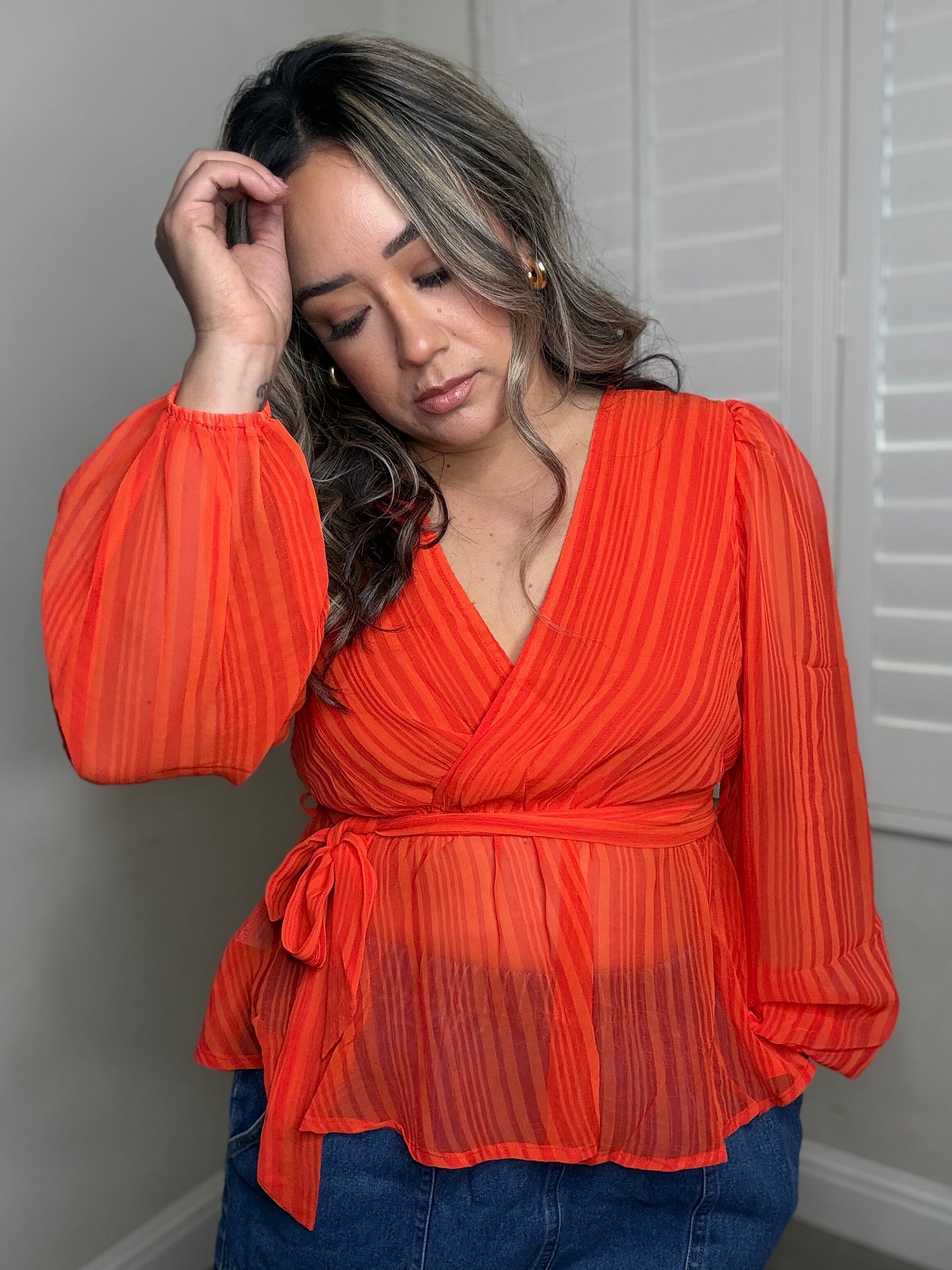 Spritz Sheer Long Sleeve Blouse- Tangerine