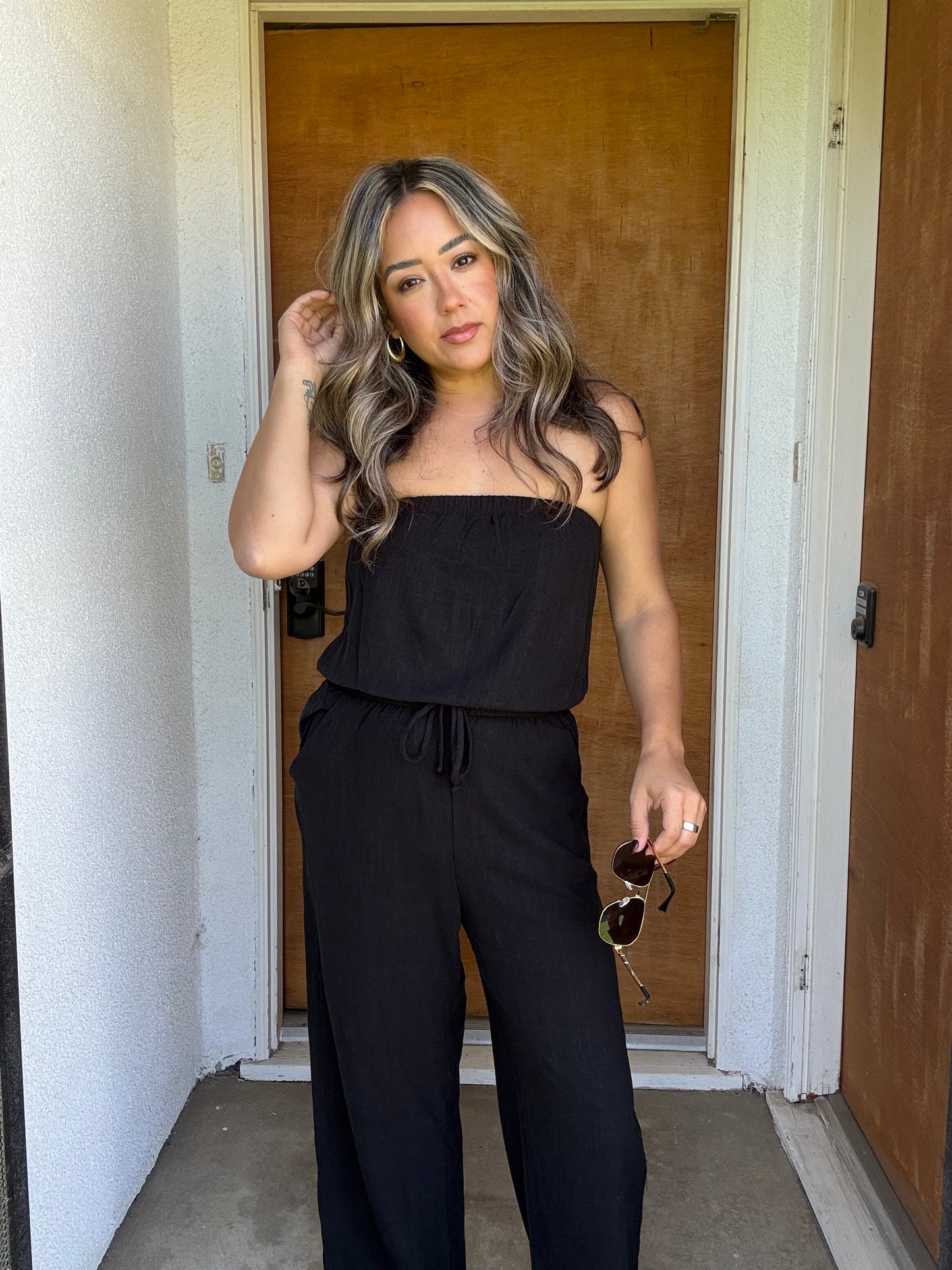 Elodie Linen Strapless Jumpsuit- Black