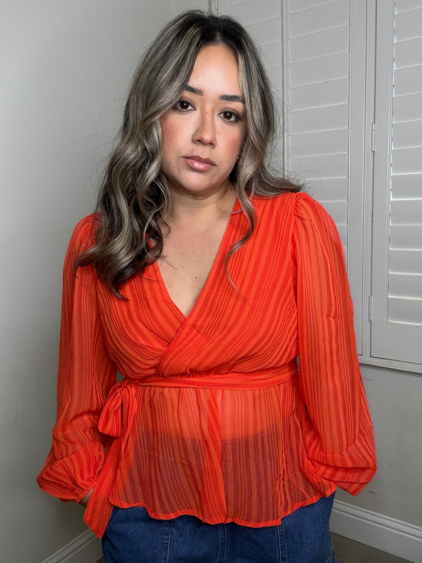 Spritz Sheer Long Sleeve Blouse- Tangerine