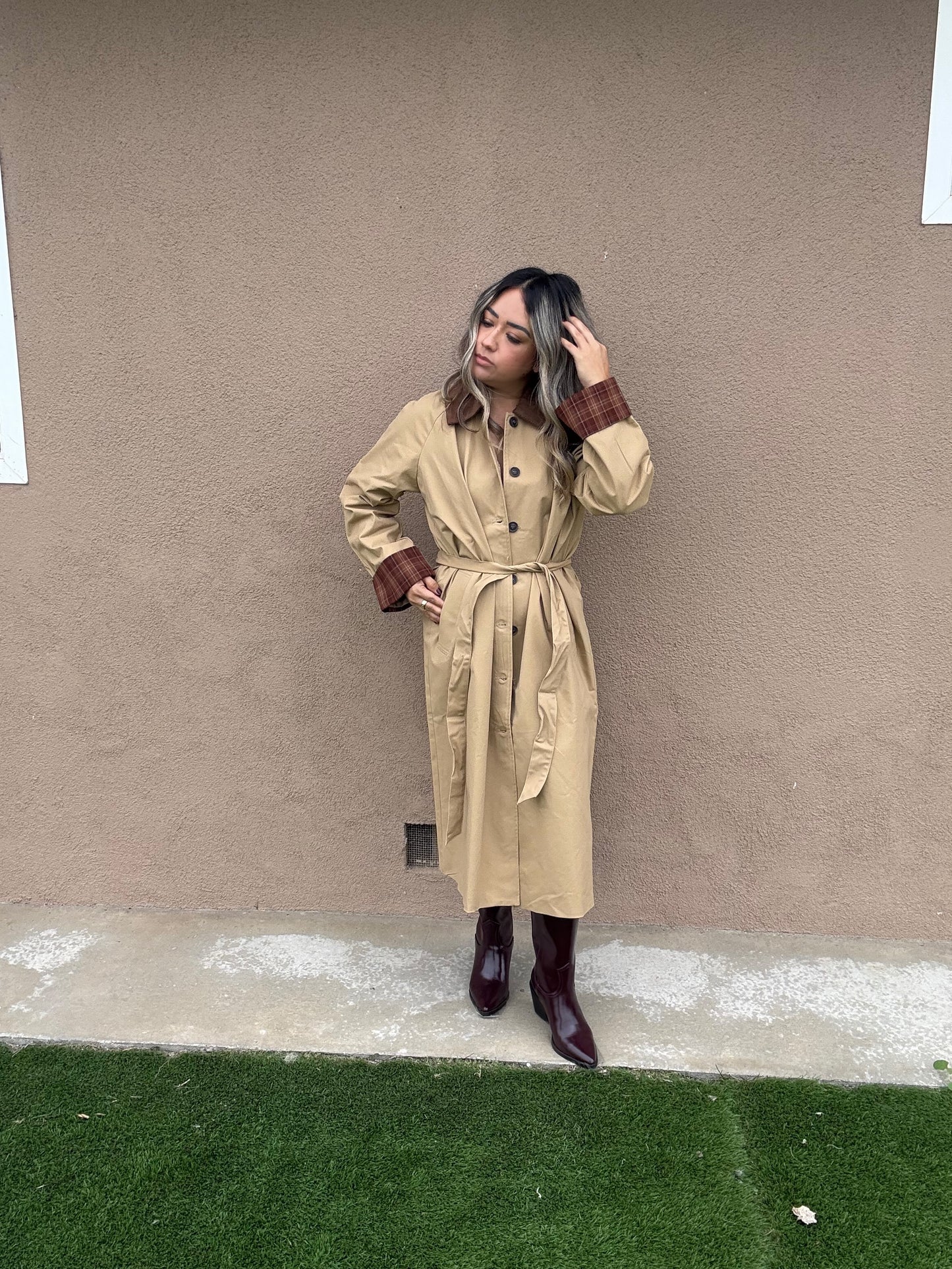 Latte Corduroy Collar Plaid Coat